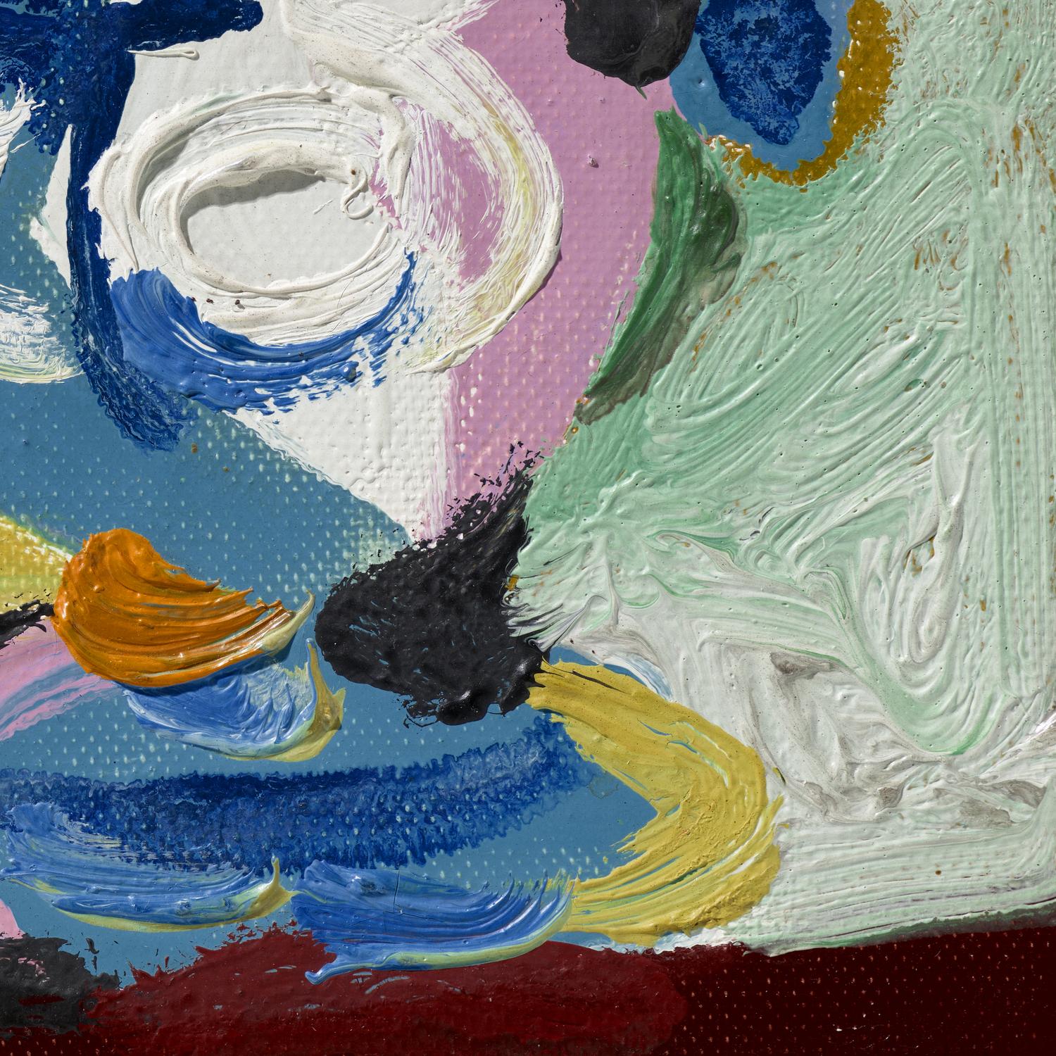 Abstract painting with textured brushstrokes in various colors