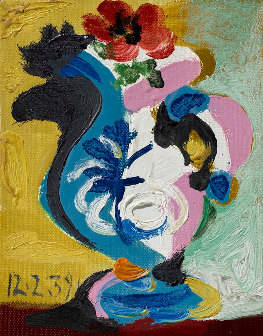 Abstract painting with colorful shapes and floral elements