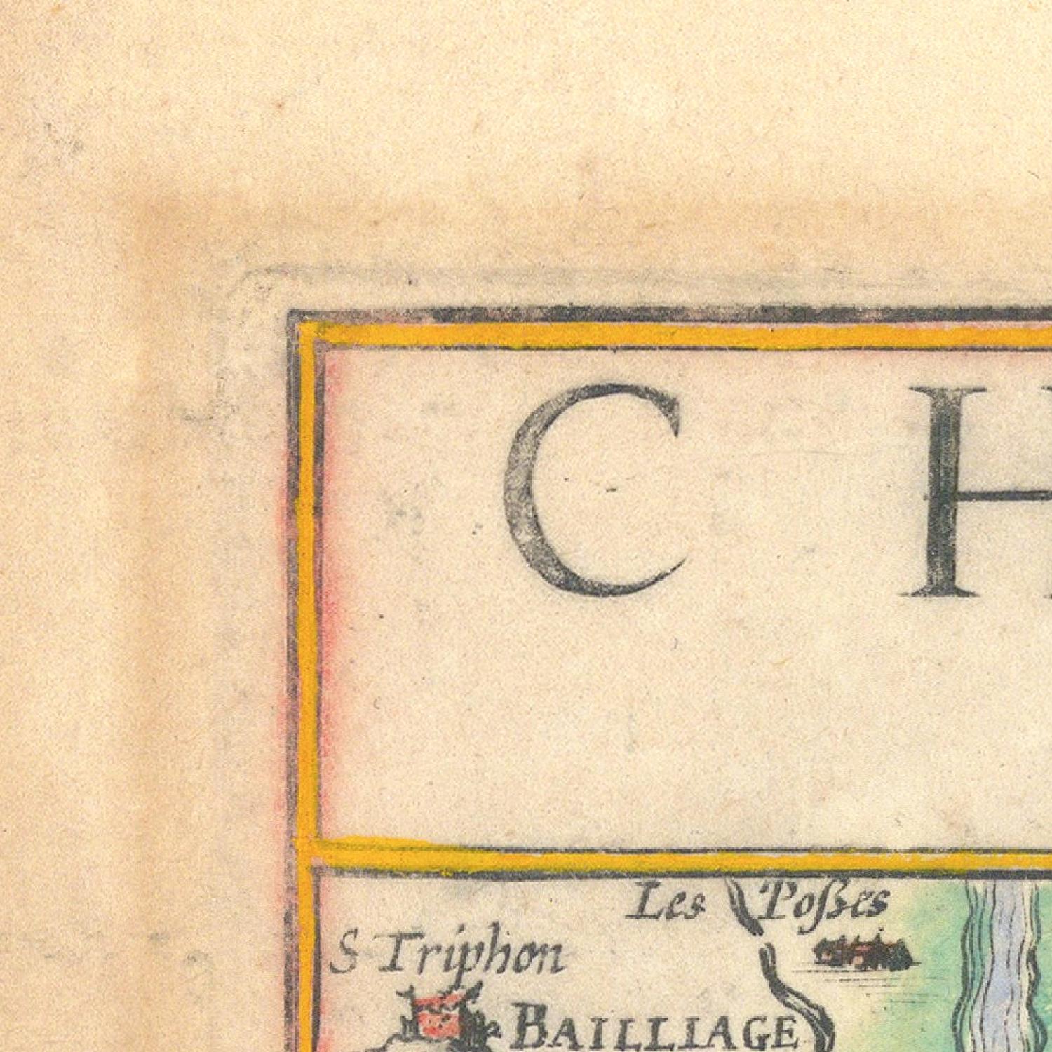 Vintage map detail with 'CH' and 'Bailliage' text on a textured background