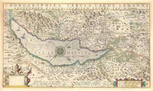 Vintage map of a lake with surrounding regions, featuring text and decorative elements.