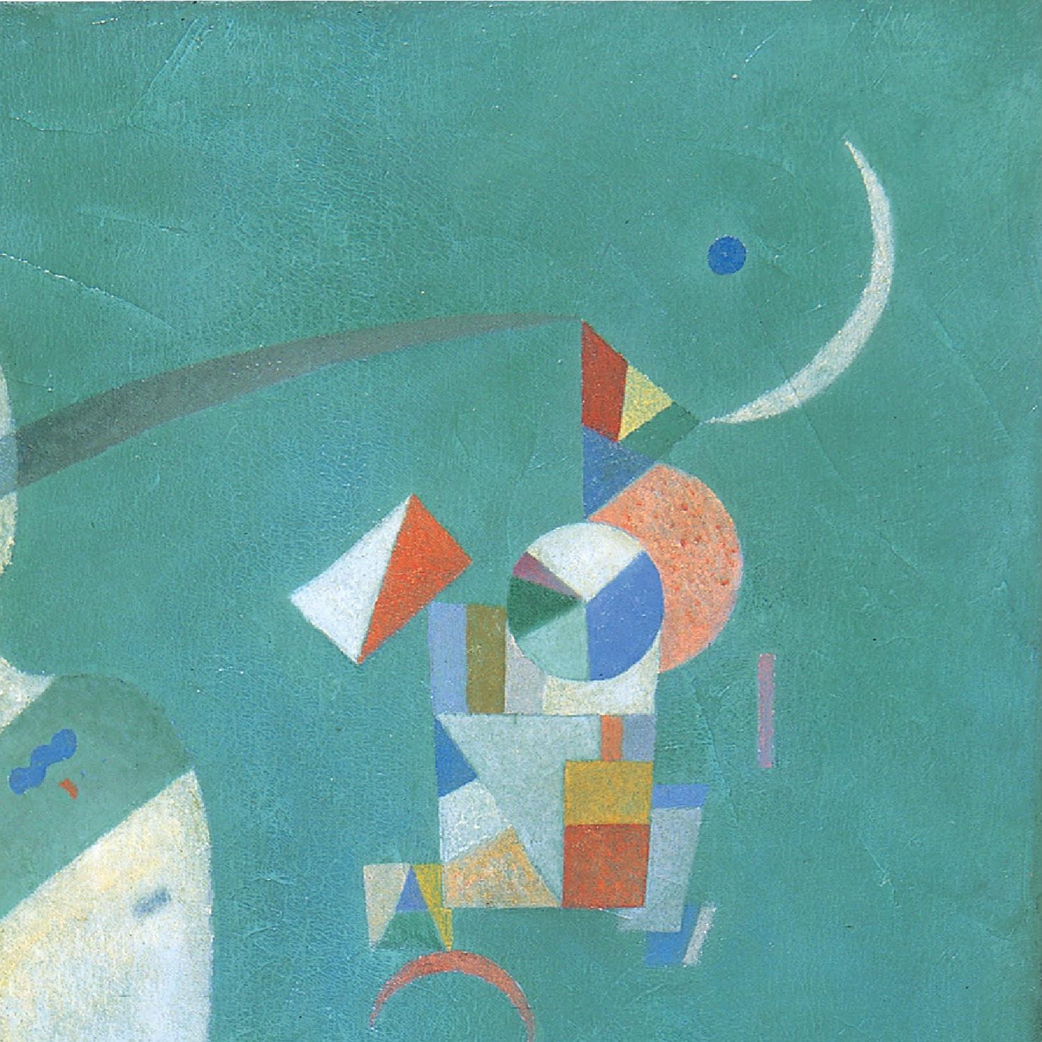 Abstract artwork with geometric shapes on a teal background