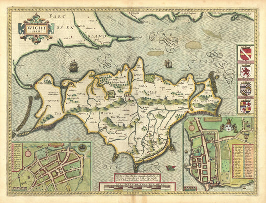 Vintage map of Wight Island with detailed topography and illustrations.