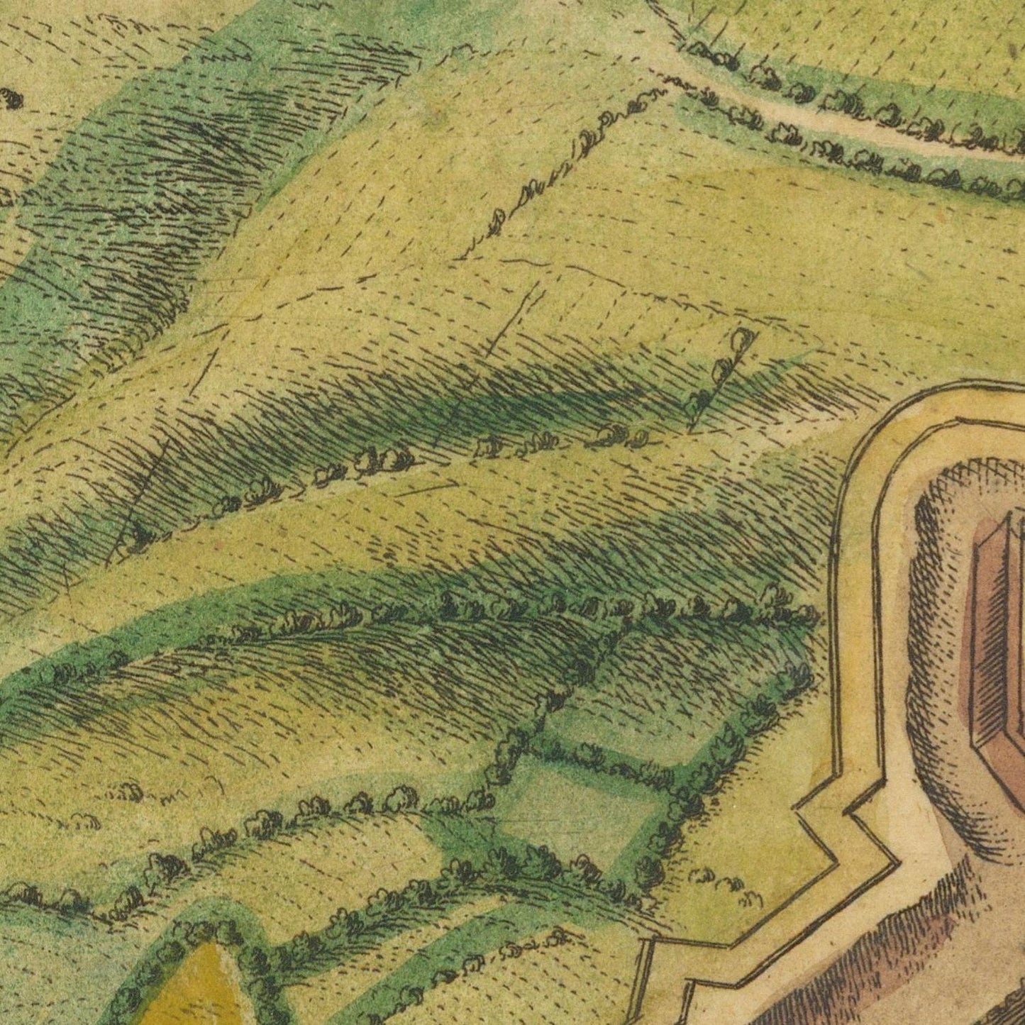 Vintage map or illustration of a landscape with greenery and a winding road.