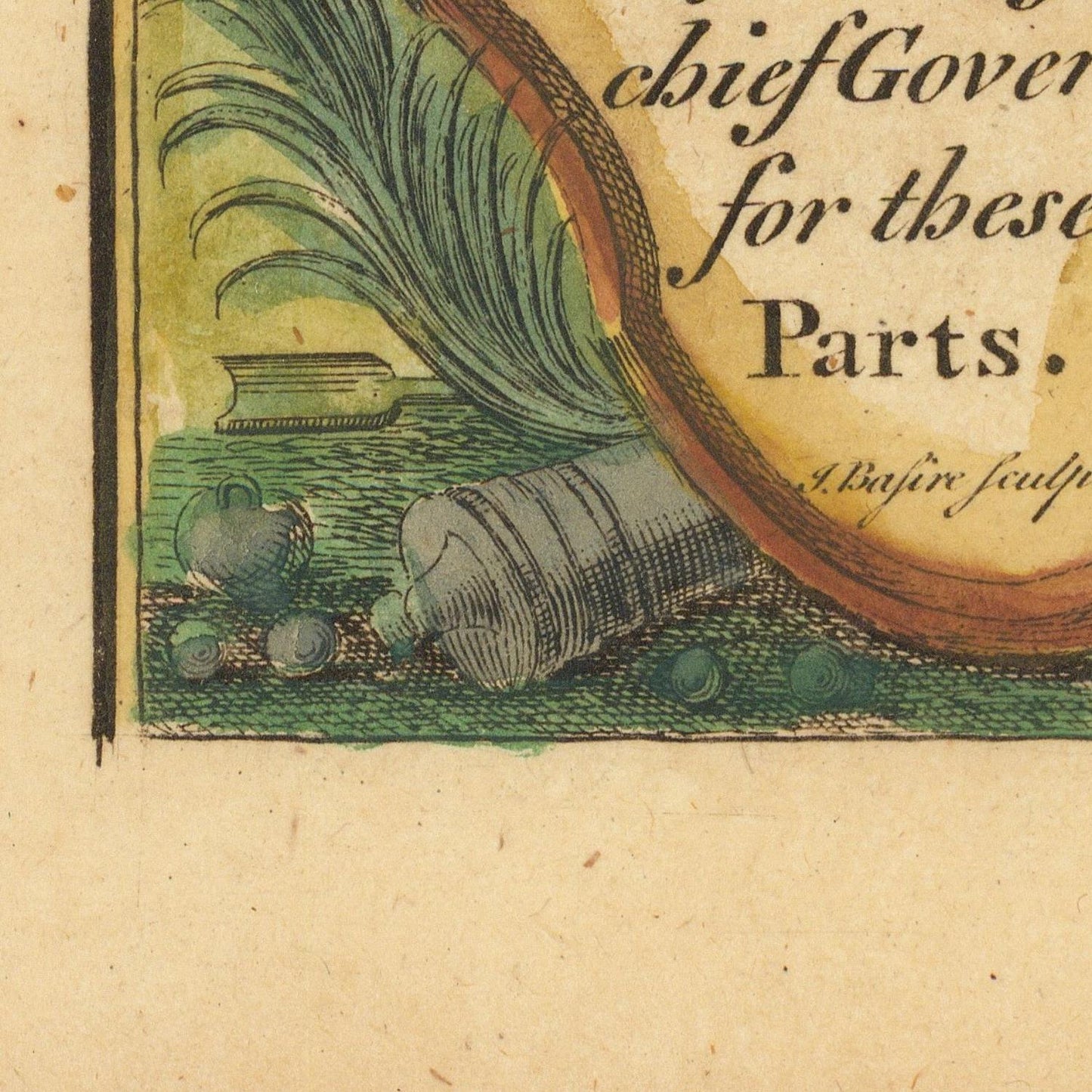 Decorative corner of a historical document with text and illustrations on a beige background