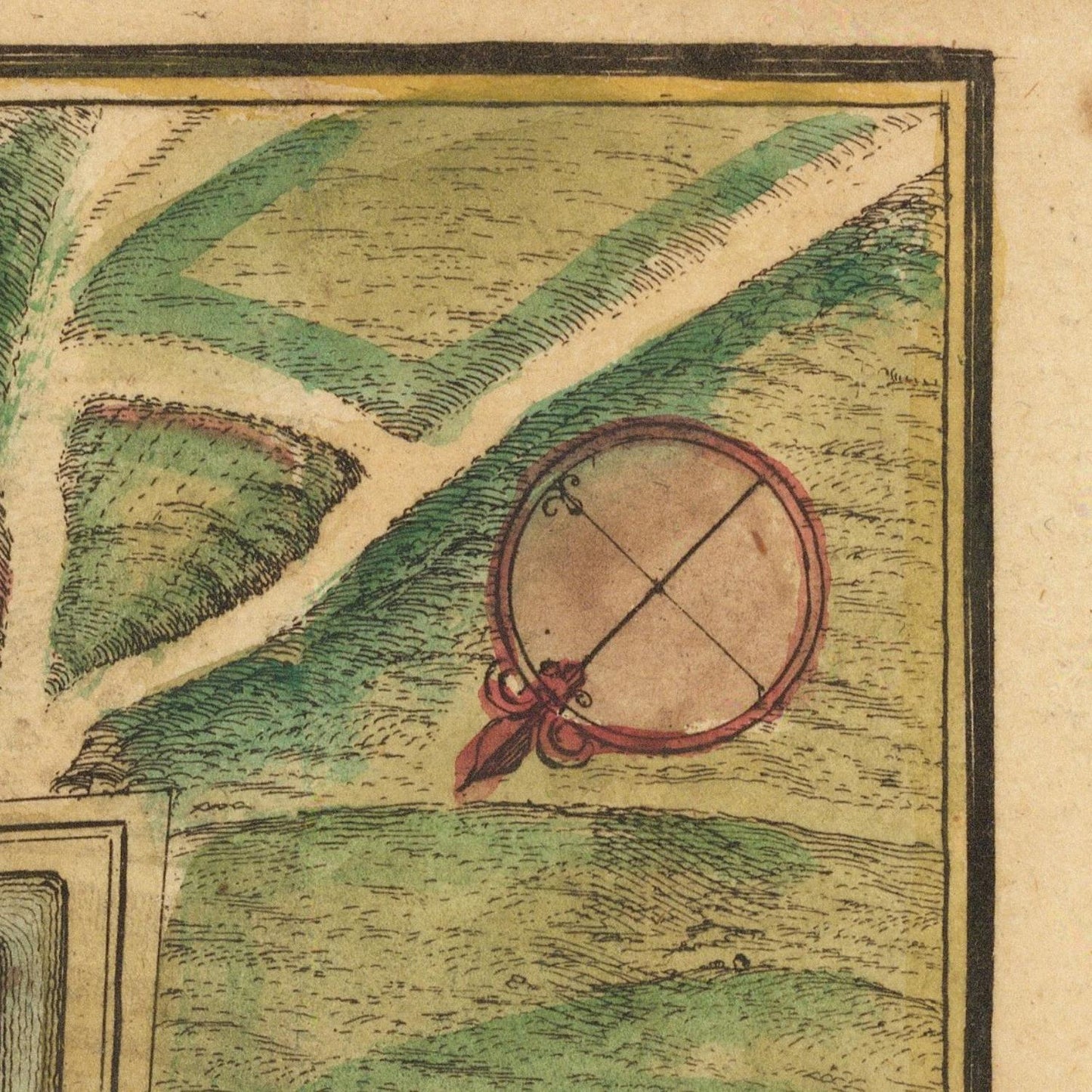 Decorative design with a circular emblem and ribbon on a textured background