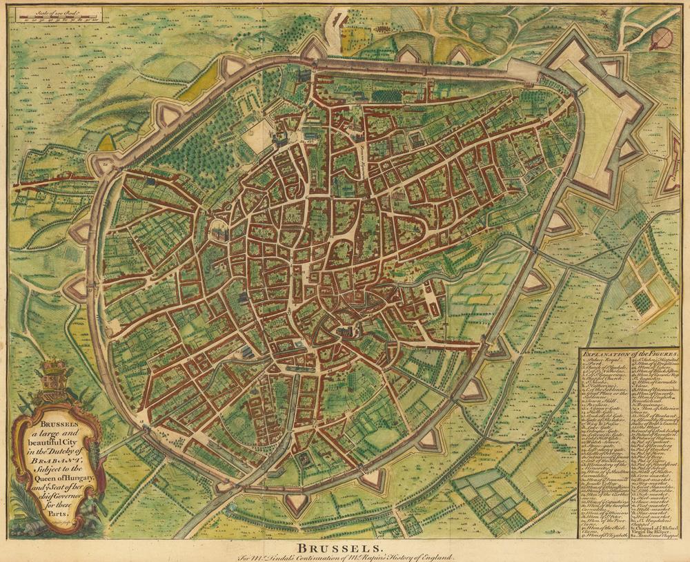Vintage map of Brussels with detailed layout and surrounding areas.