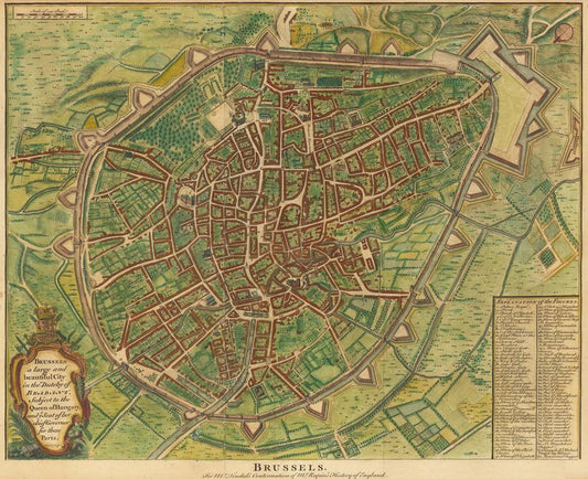 Vintage map of Brussels with detailed layout and surrounding areas.