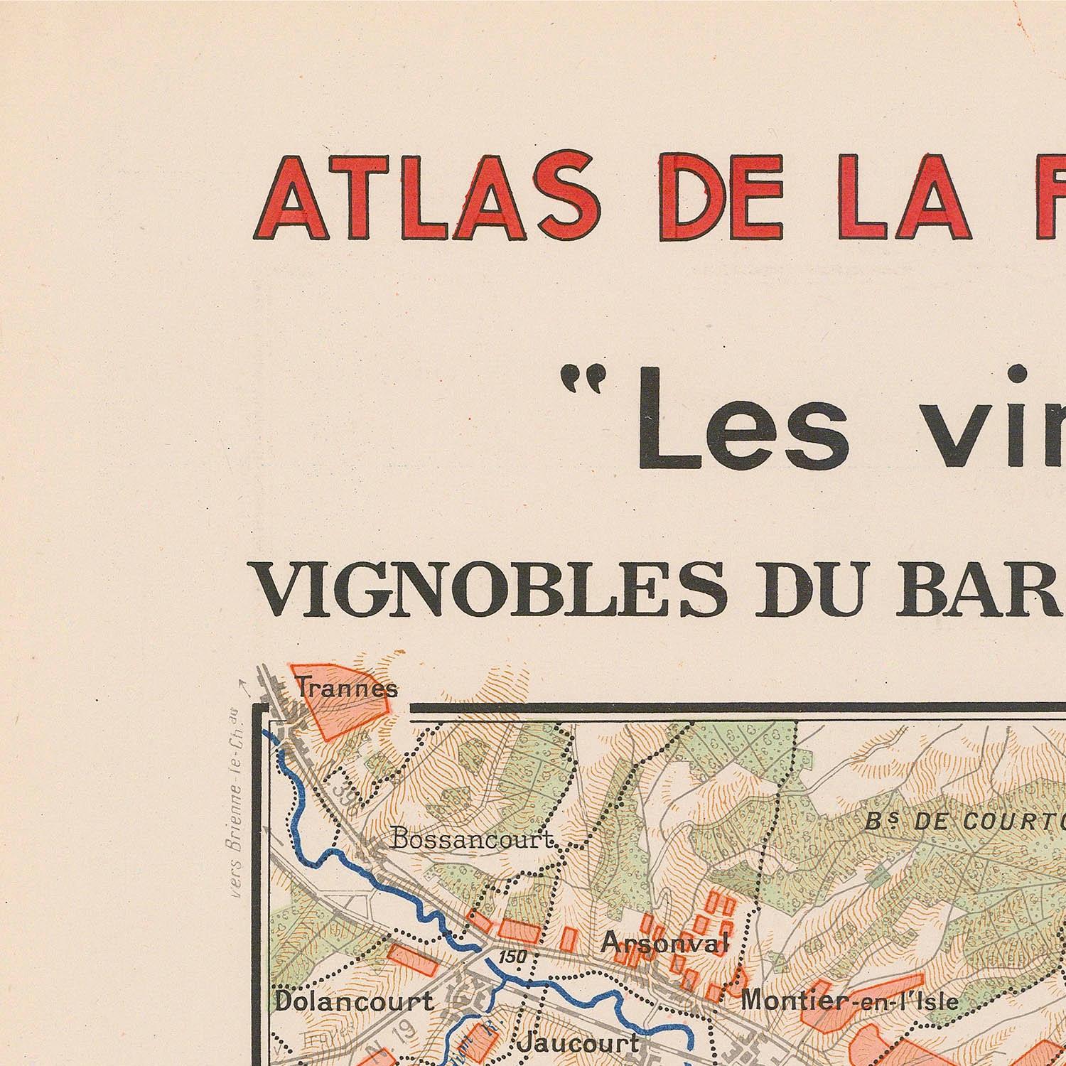 Vintage map with 'Atlas de la' and 'Vignobles du Bar' text on a beige background