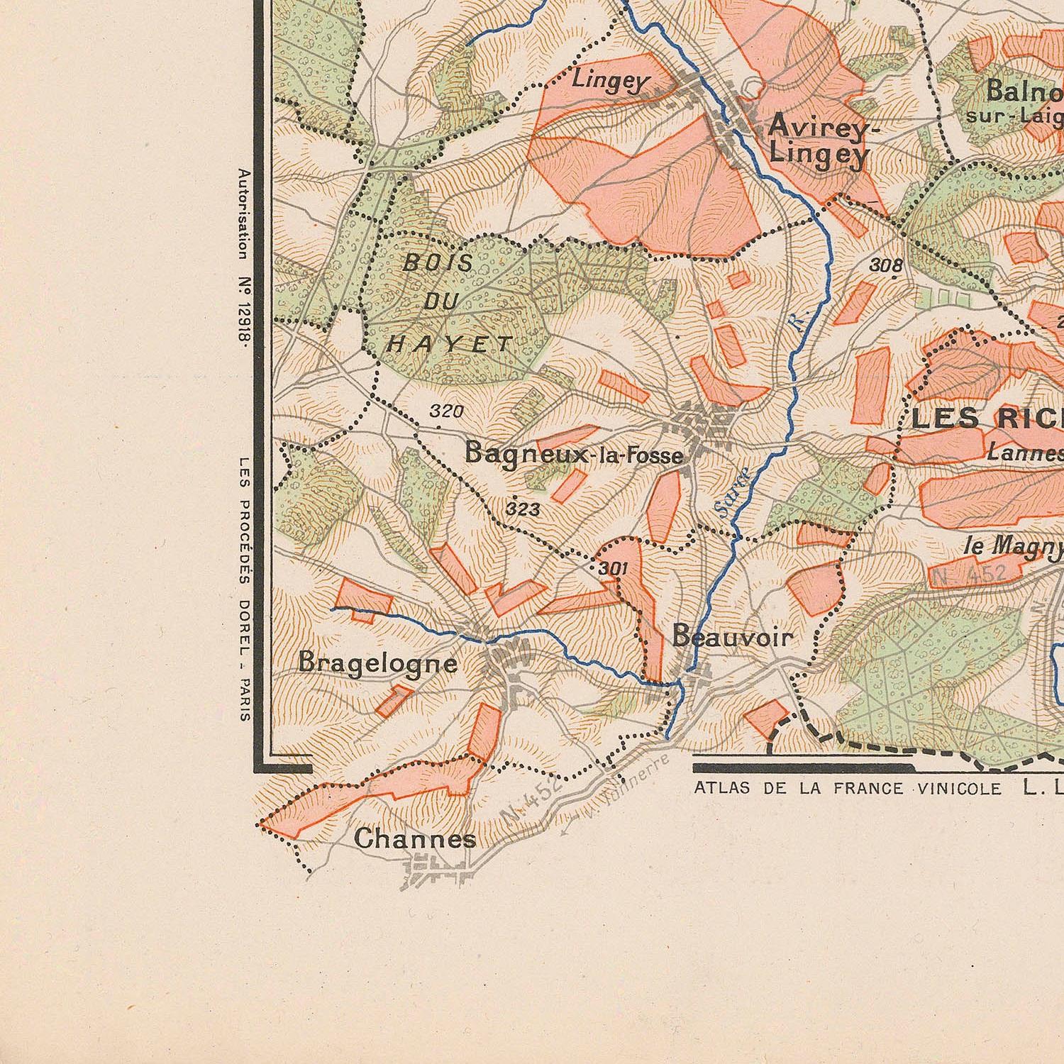 Vintage map of a region with labeled places and topographic details