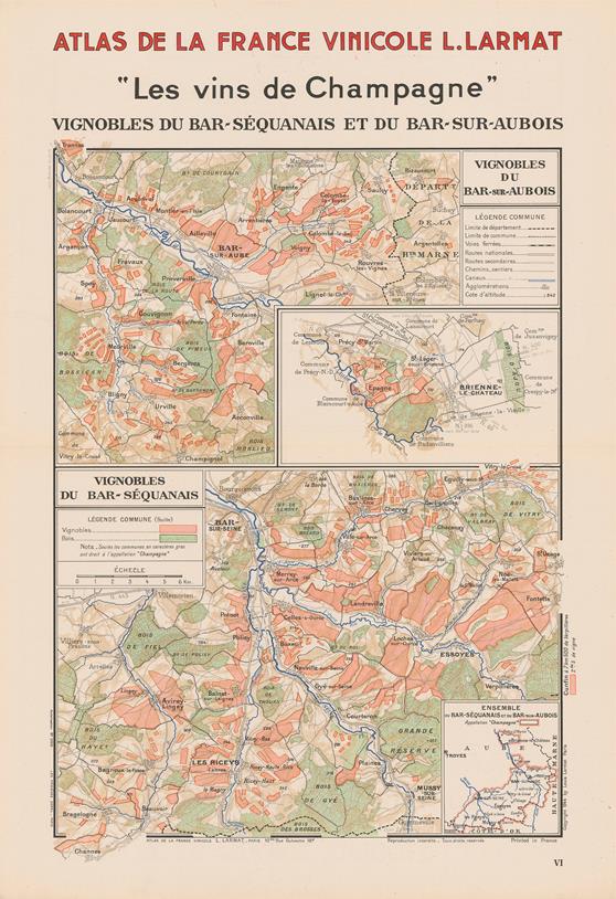 Vintage map of vineyards in Champagne region, France, with L. Larmat's Atlas de la France Vinicole.