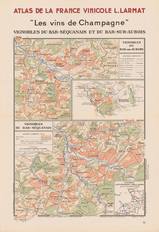 Vintage map of vineyards in Champagne region, France, with L. Larmat's Atlas de la France Vinicole.