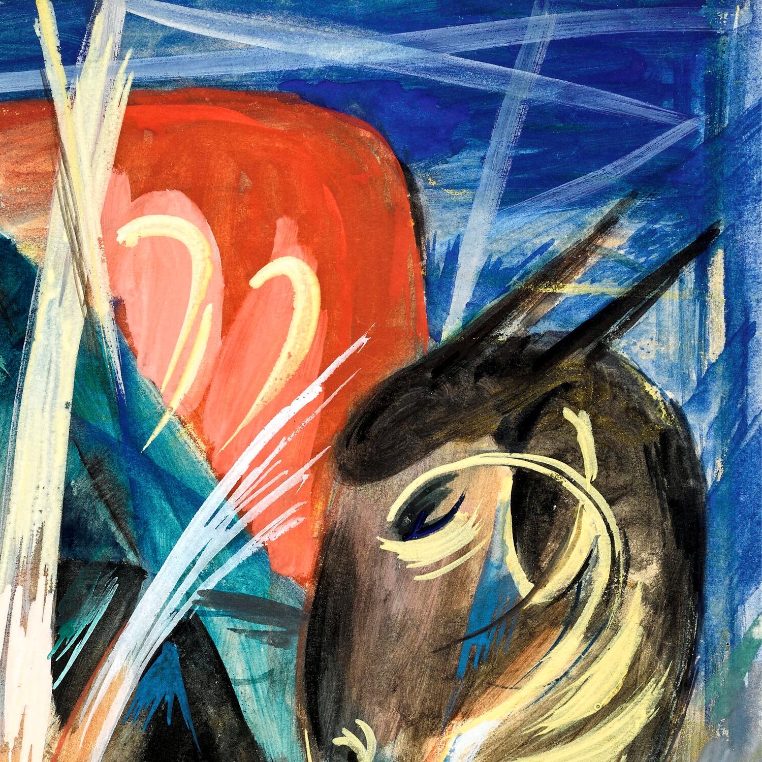 Abstract painting of a horse's head with red heart and blue background