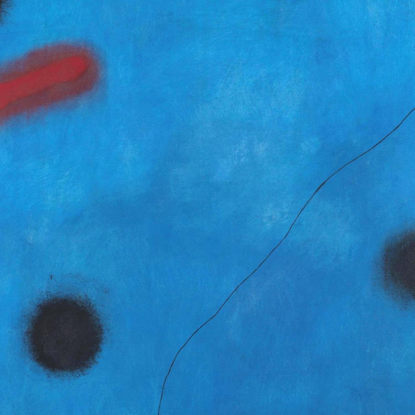 Abstract art with black dots and red shapes on a blue background