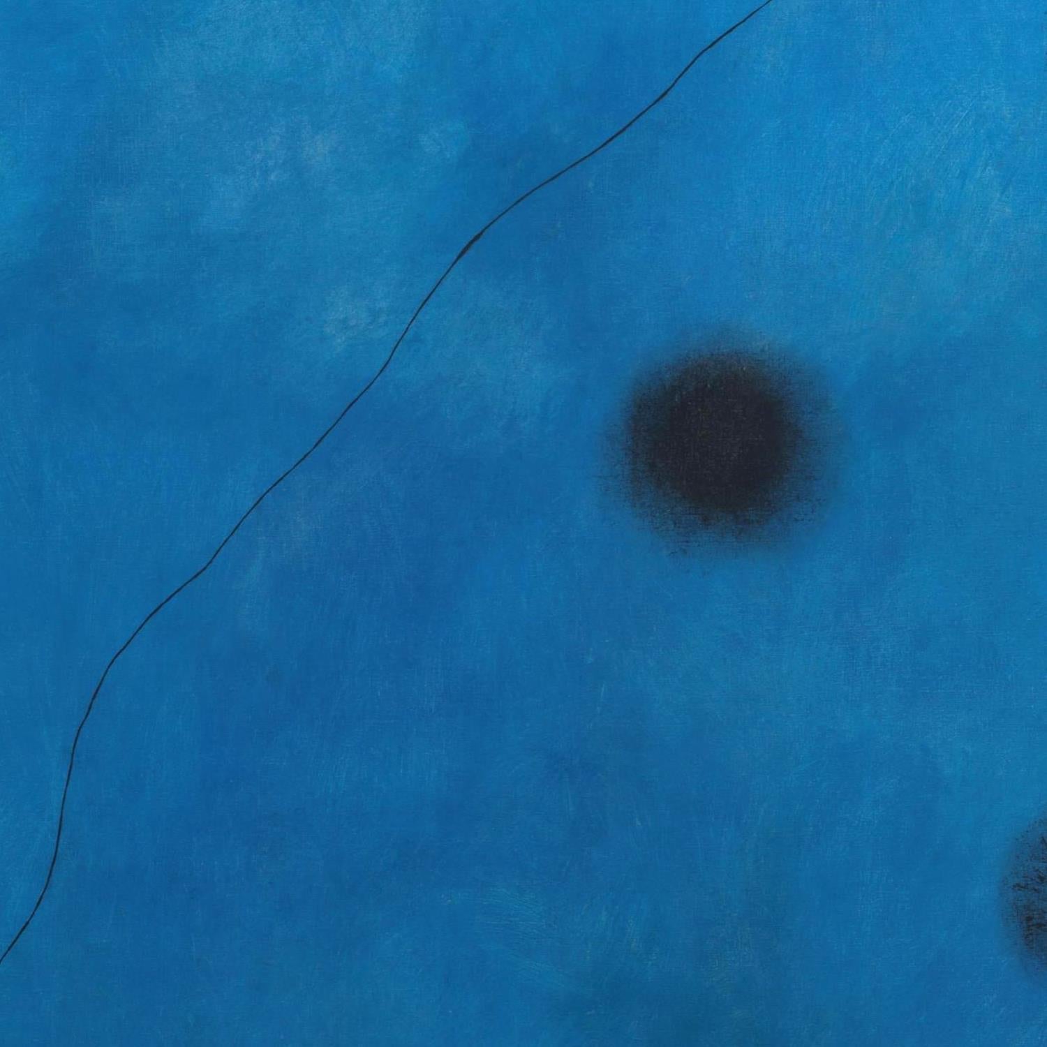 Black dot and line on a blue textured background