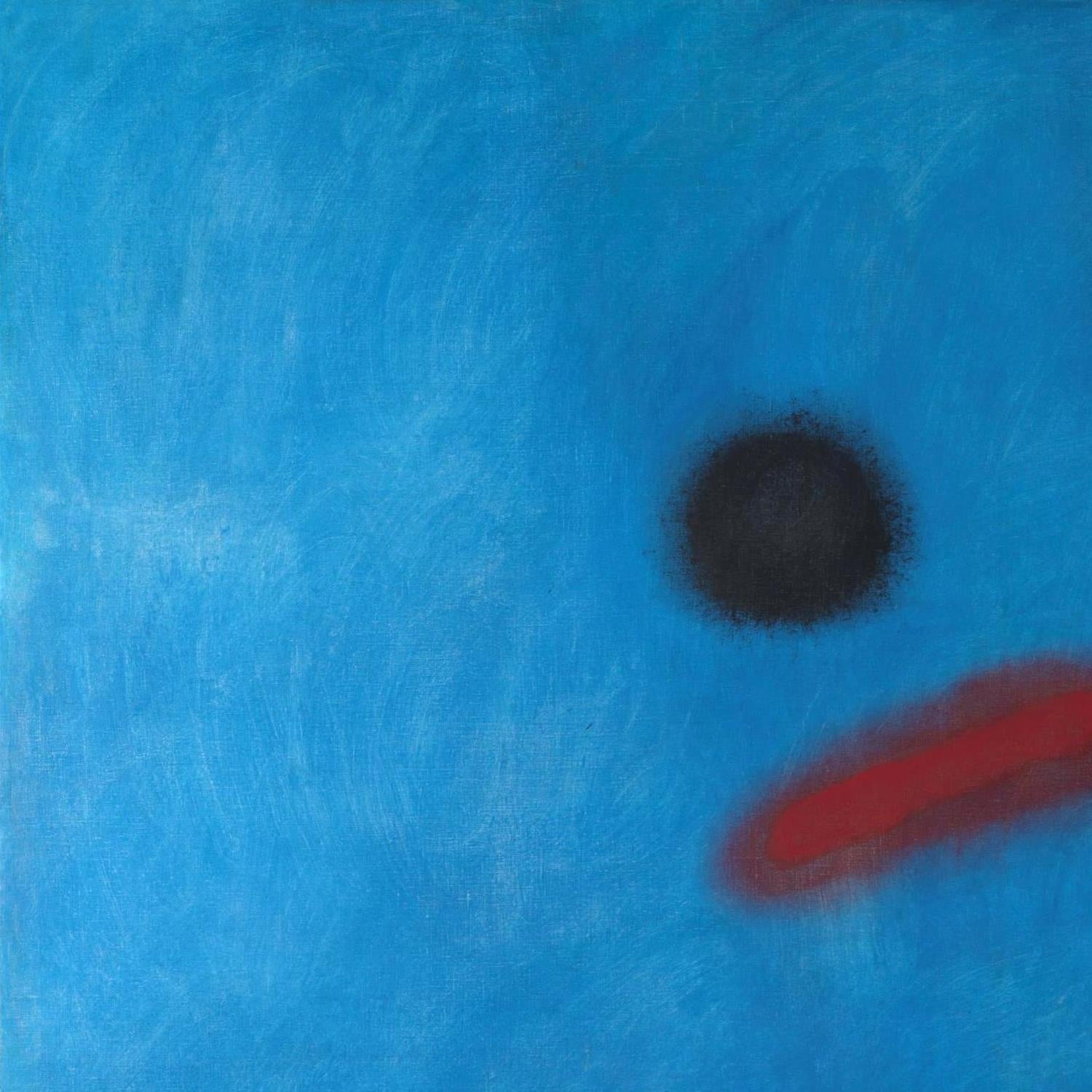 Abstract art with a black circle and red line on a blue textured background
