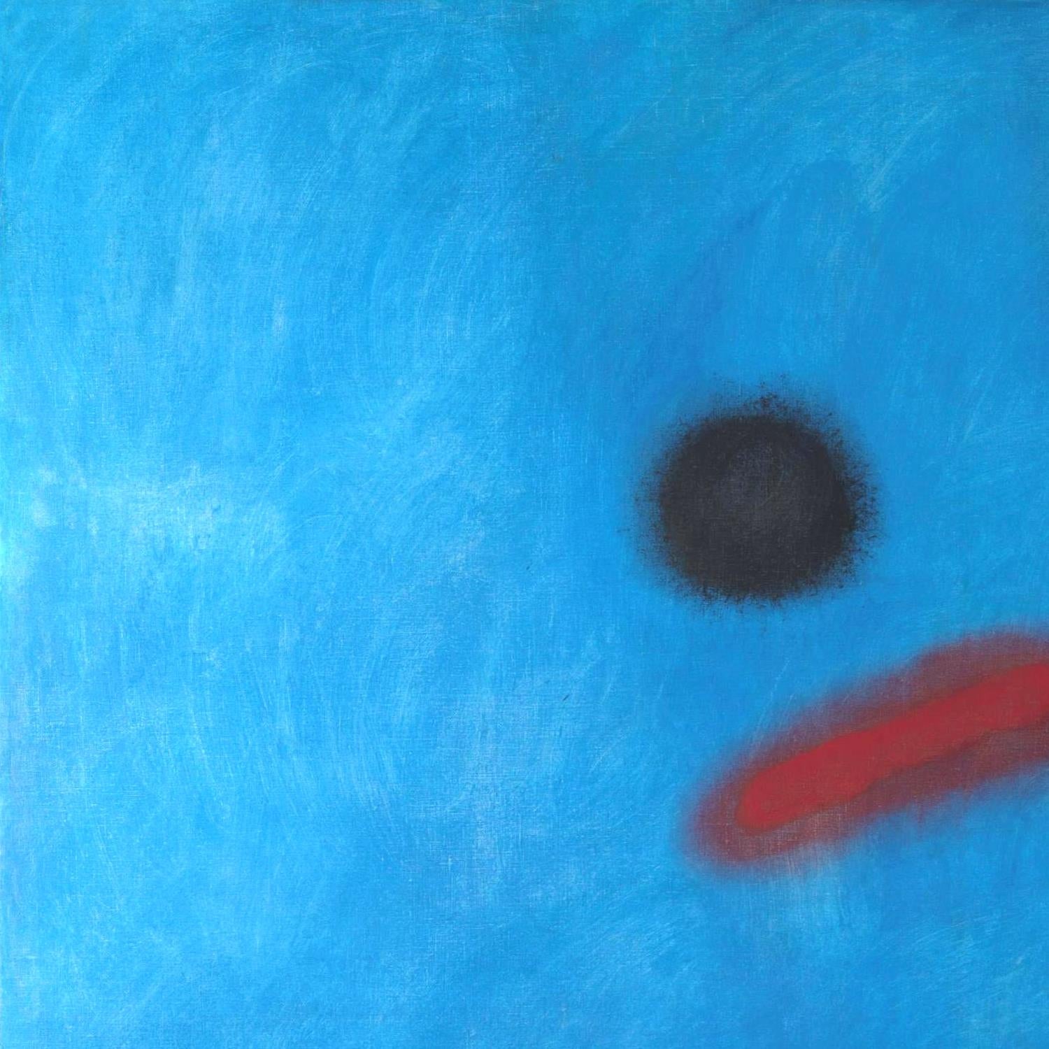 Abstract art with a black circle and red line on a blue textured background