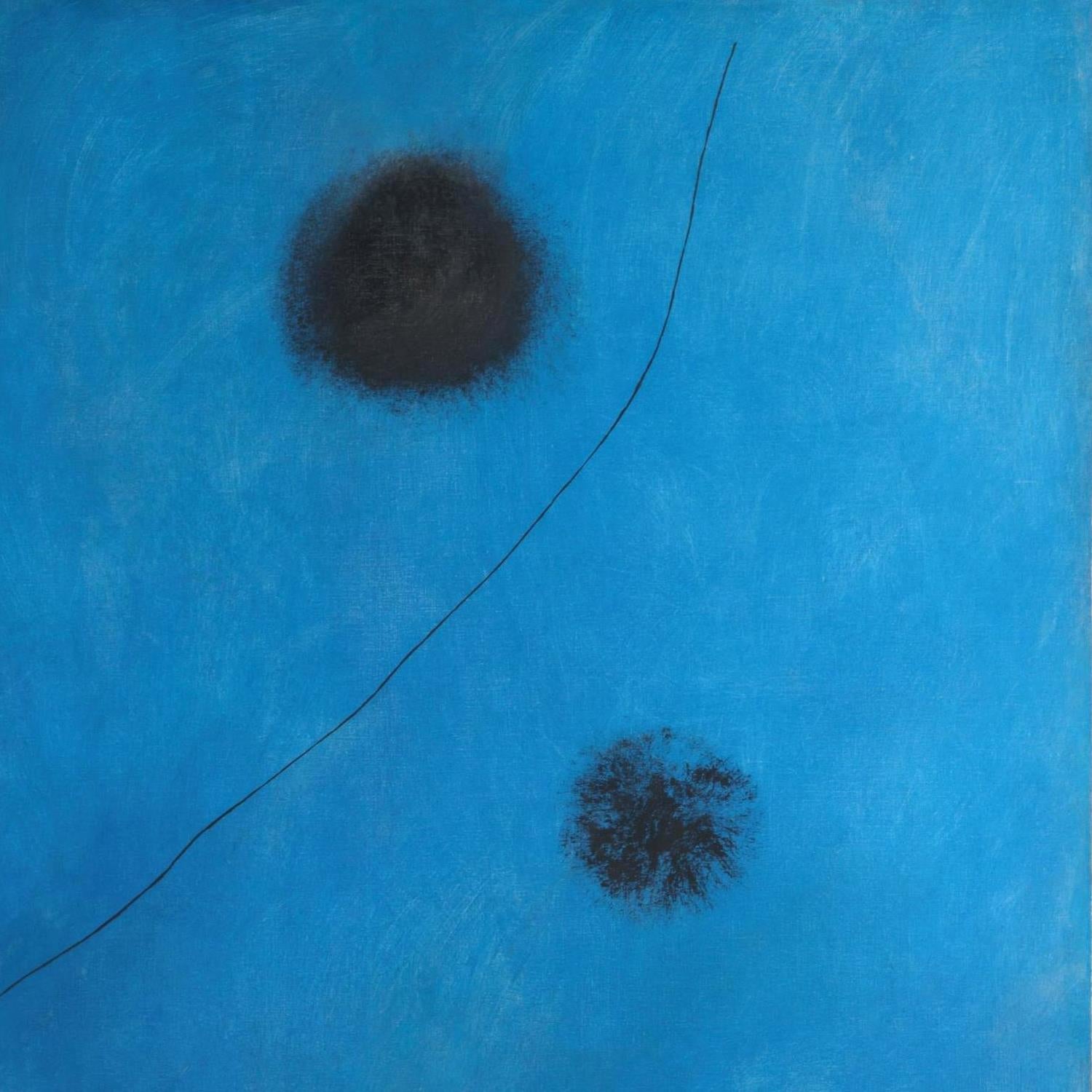 Abstract artwork with black dots and lines on a blue background