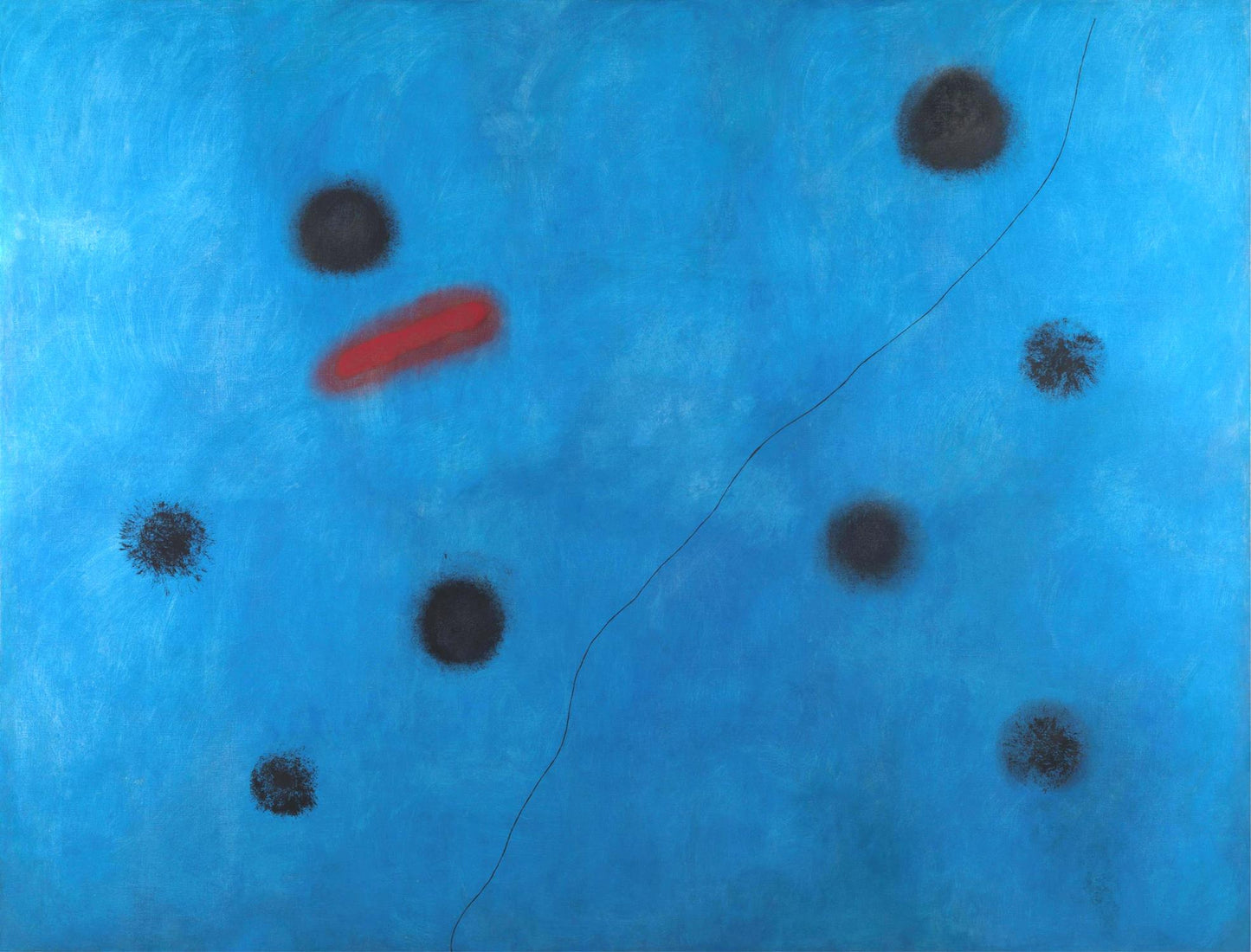 Abstract art with black and red shapes on a blue background