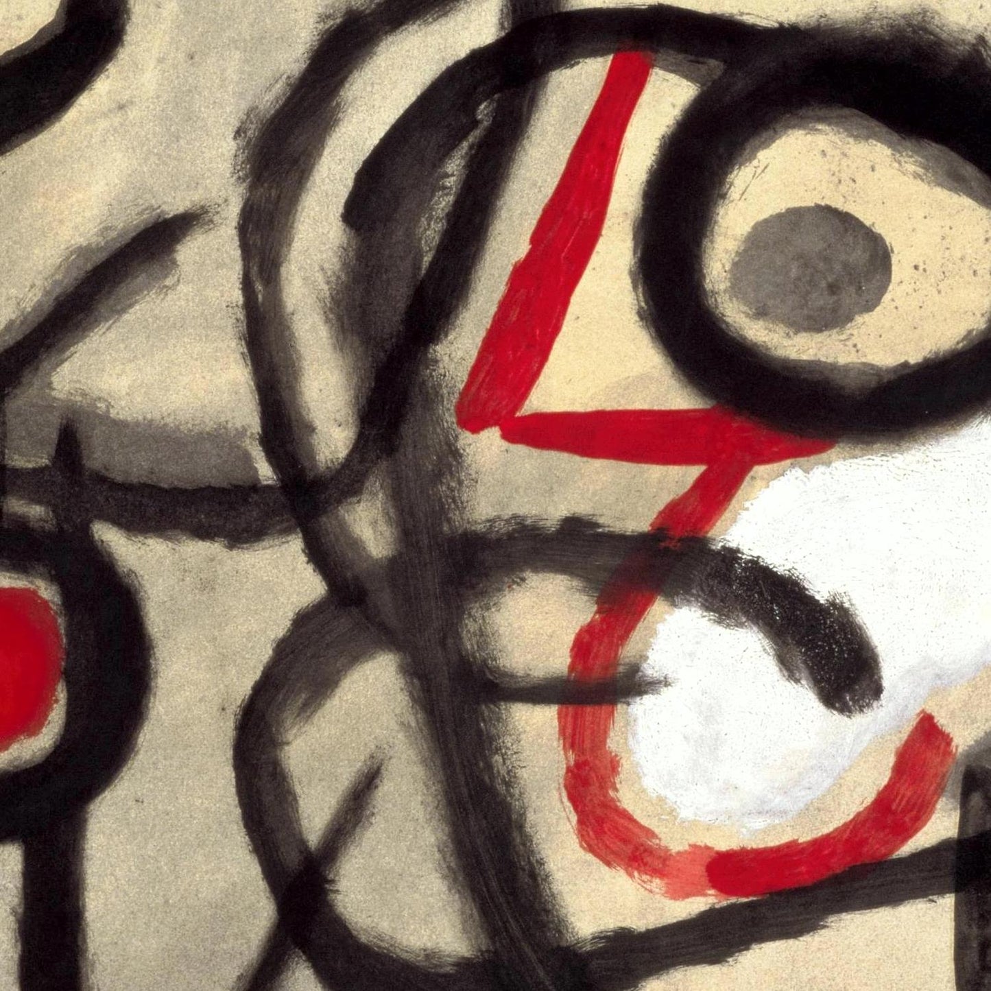 Abstract artwork with black, red, and gray brush strokes on a textured background