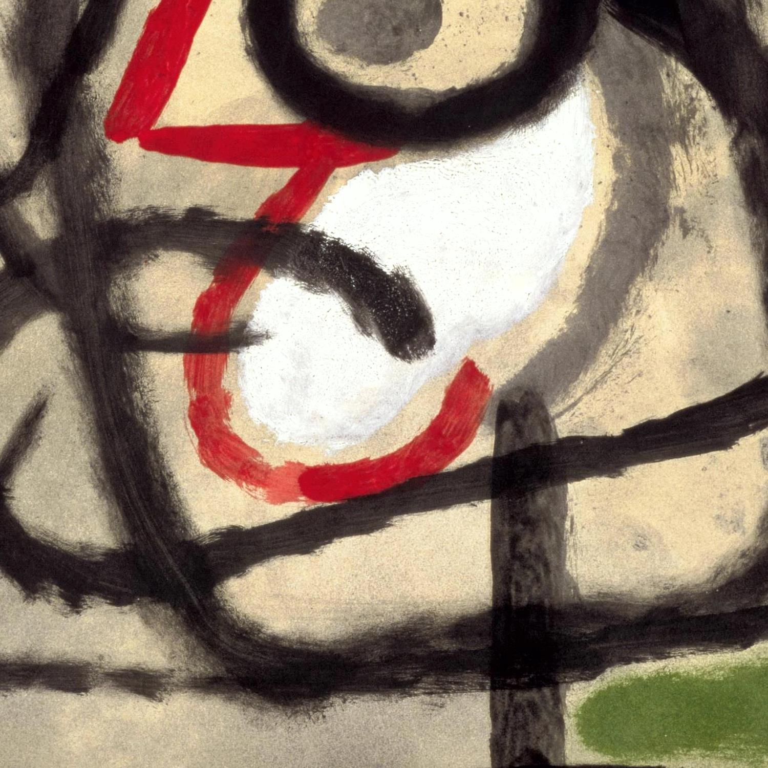 Abstract artwork with red, black, and white strokes on a beige background