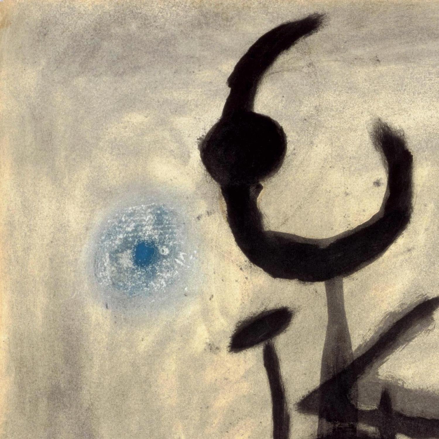 Abstract artwork with black shapes and a blue circle on a textured beige background