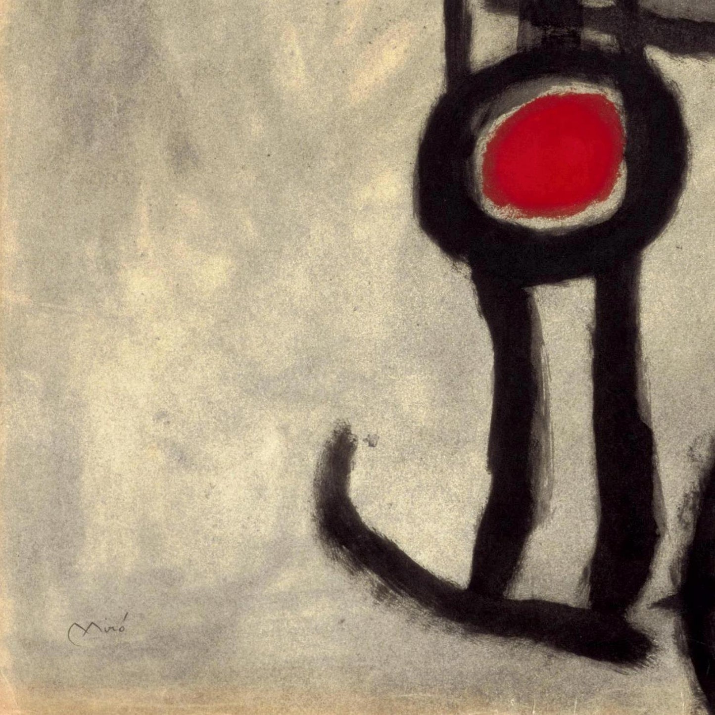 Abstract artwork with a black figure holding a red circle on a textured beige background