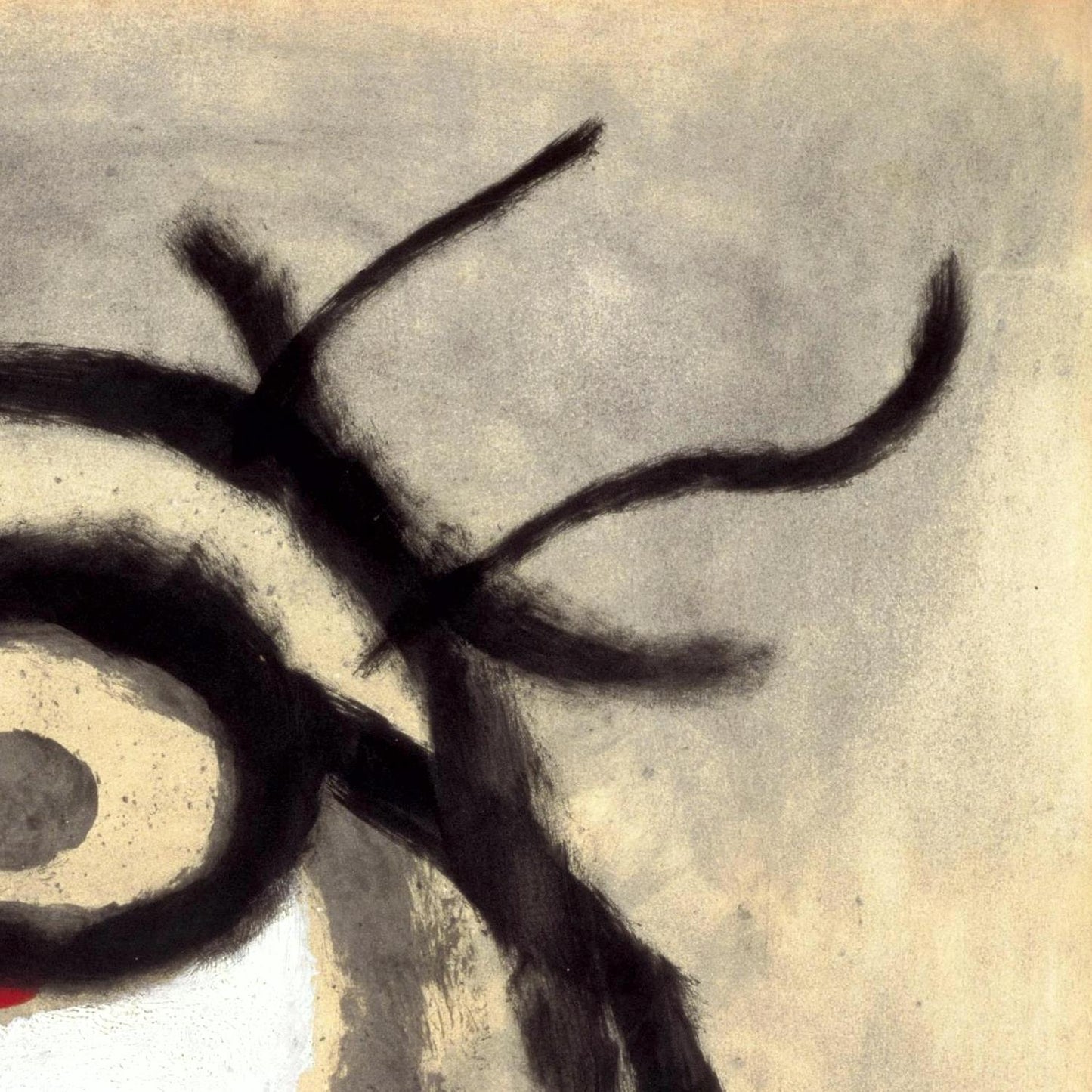 Abstract art with black brush strokes on a textured beige background