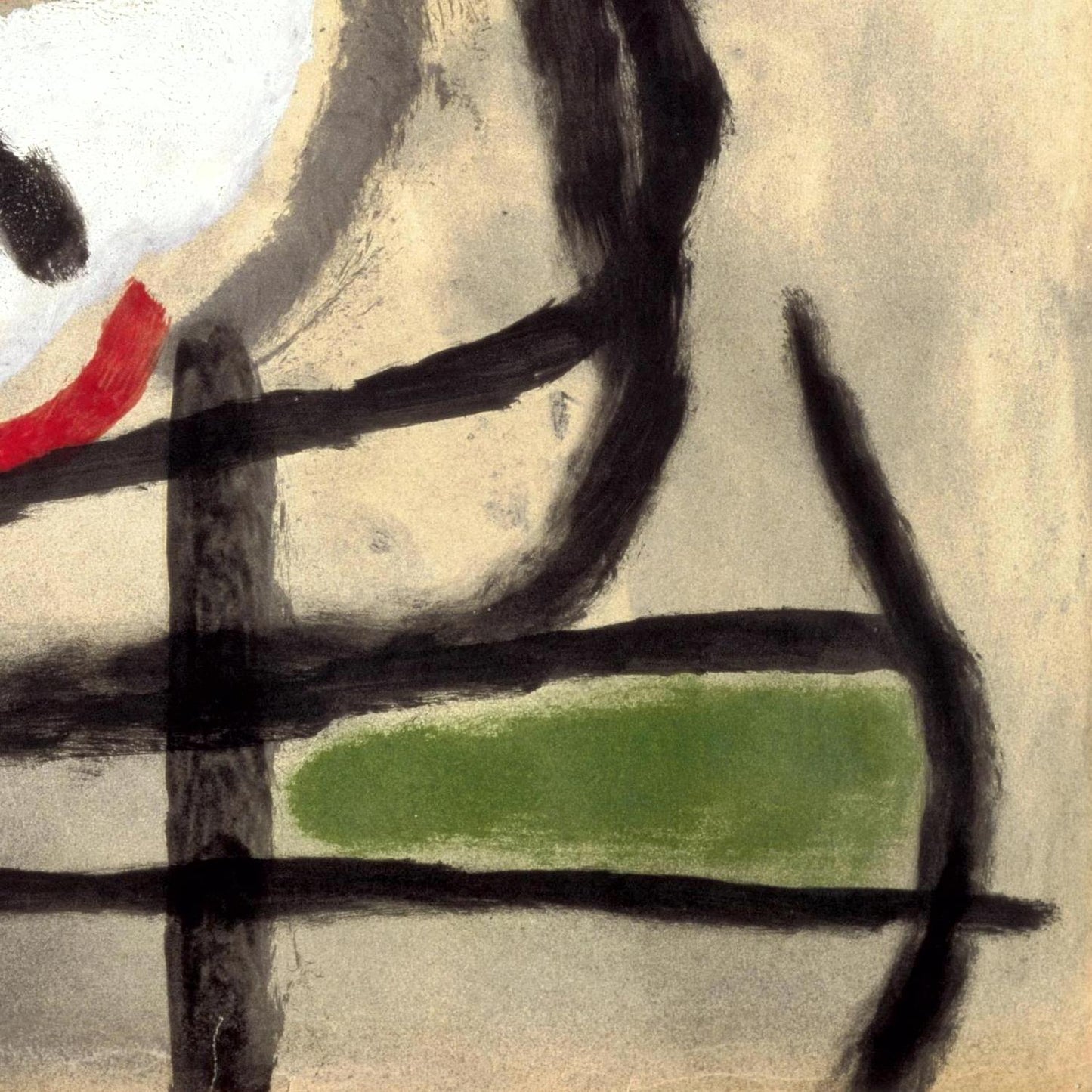 Abstract artwork with black, red, and green brush strokes on a beige background