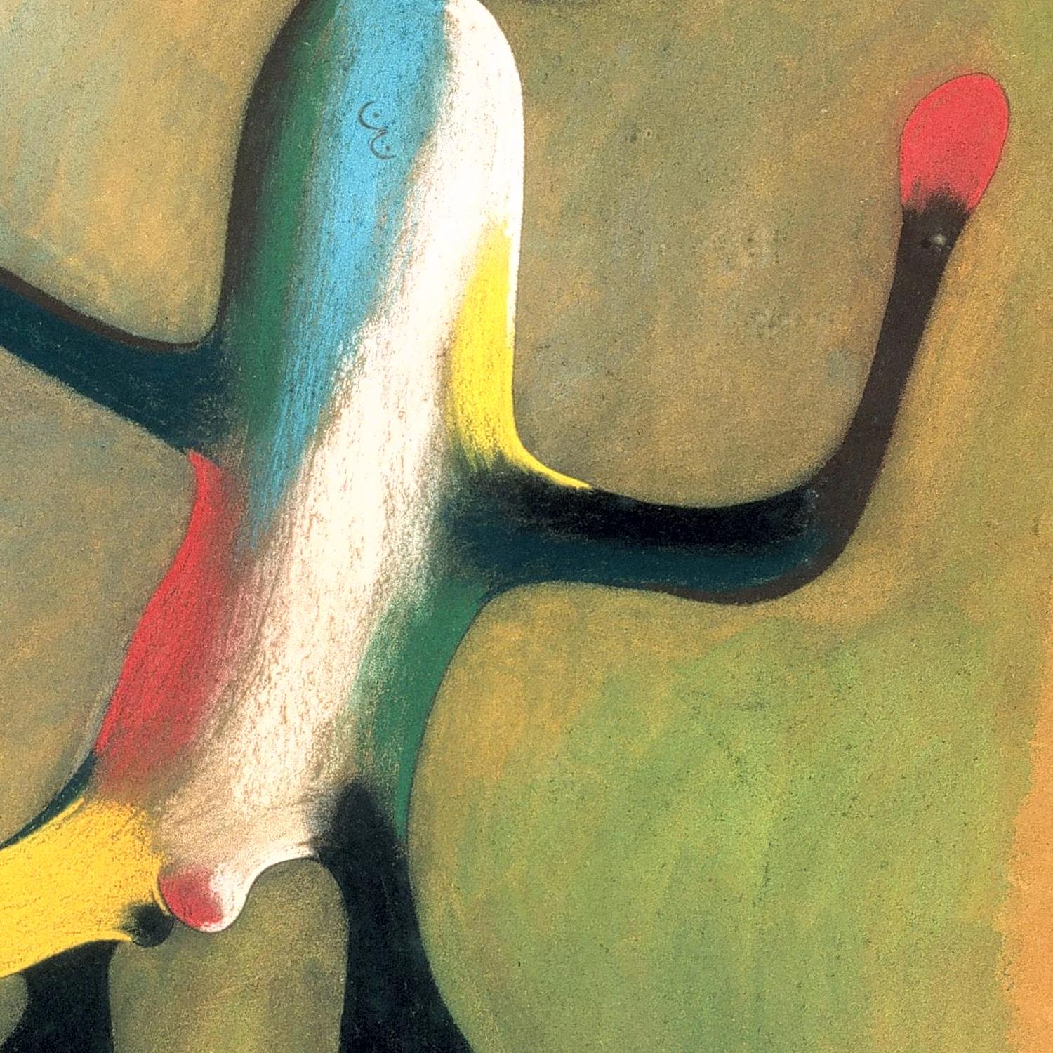 Abstract artwork with wavy lines and colorful dots on a textured surface