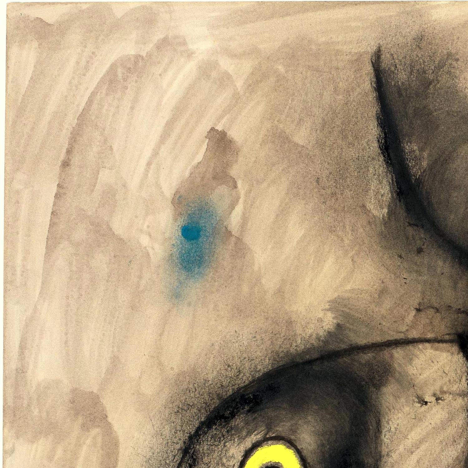 Abstract artwork with a blue and yellow spot on a beige background