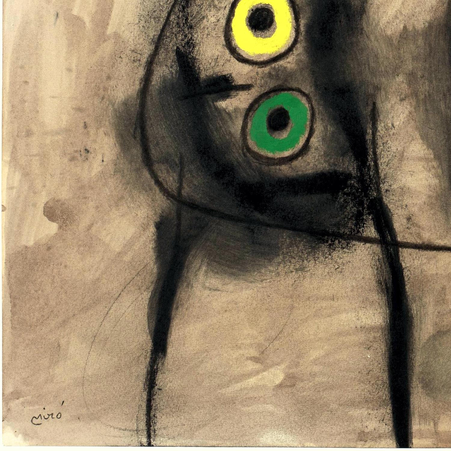 Abstract artwork with a face featuring yellow and green eyes on a textured beige background.