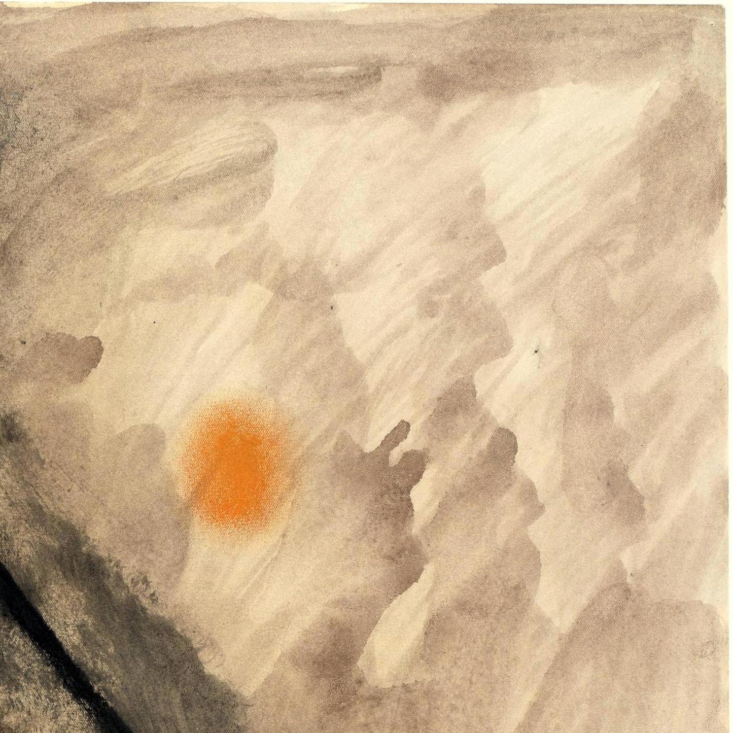 Abstract artwork with a central orange dot on a textured beige background