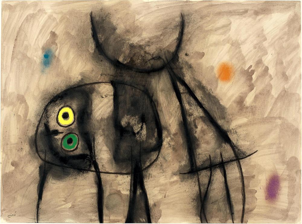 Abstract artwork with a figure and colorful eyes on a textured beige background