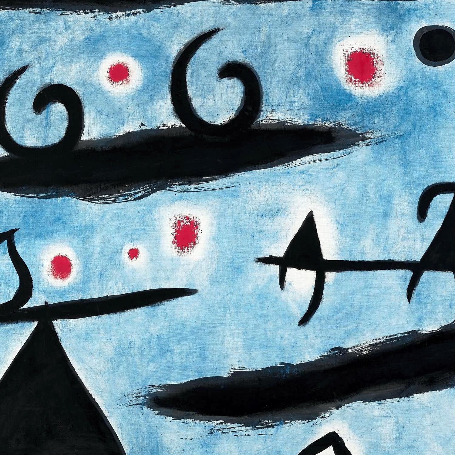 Abstract artwork with black shapes and red dots on a blue background