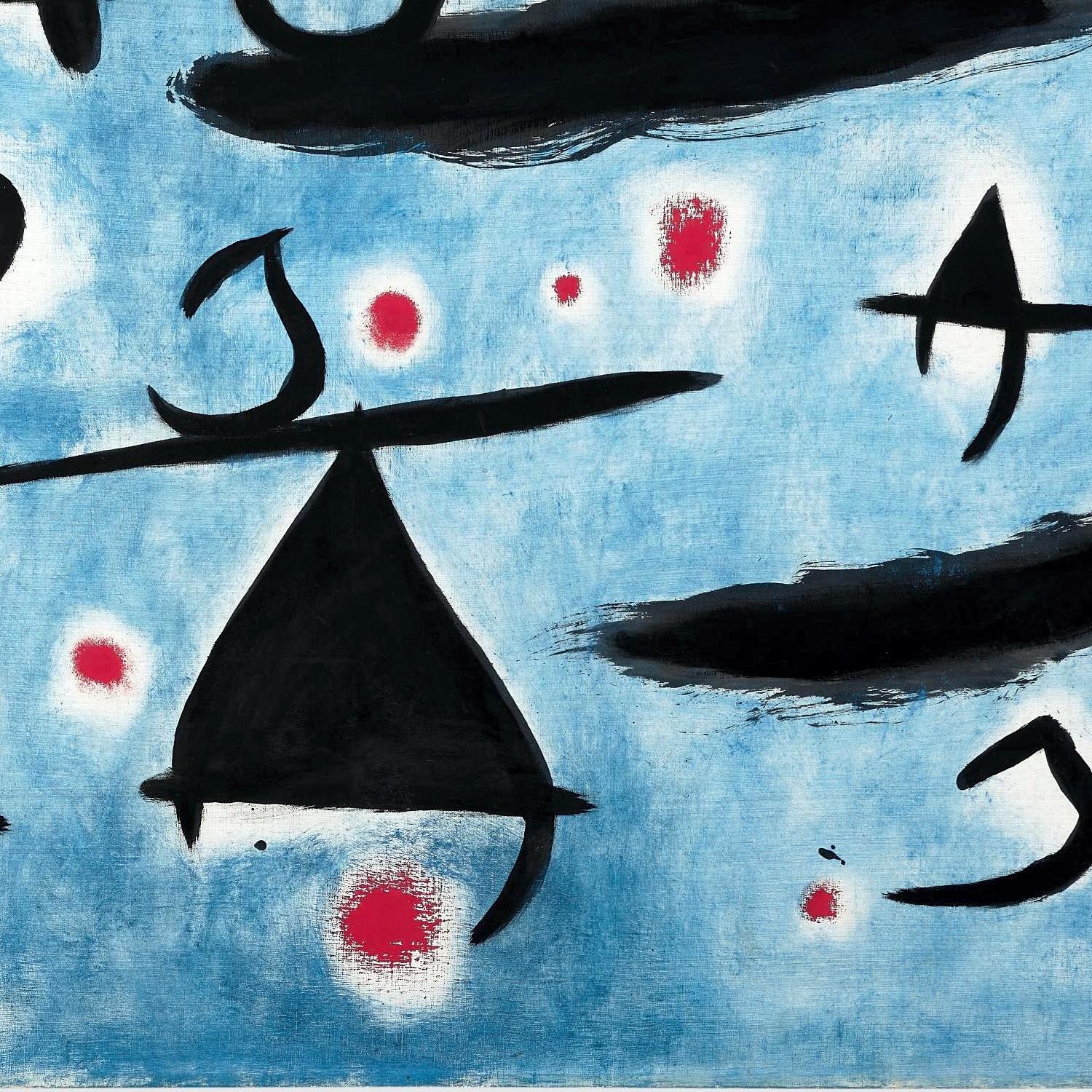 Abstract art with black shapes and red dots on a blue background