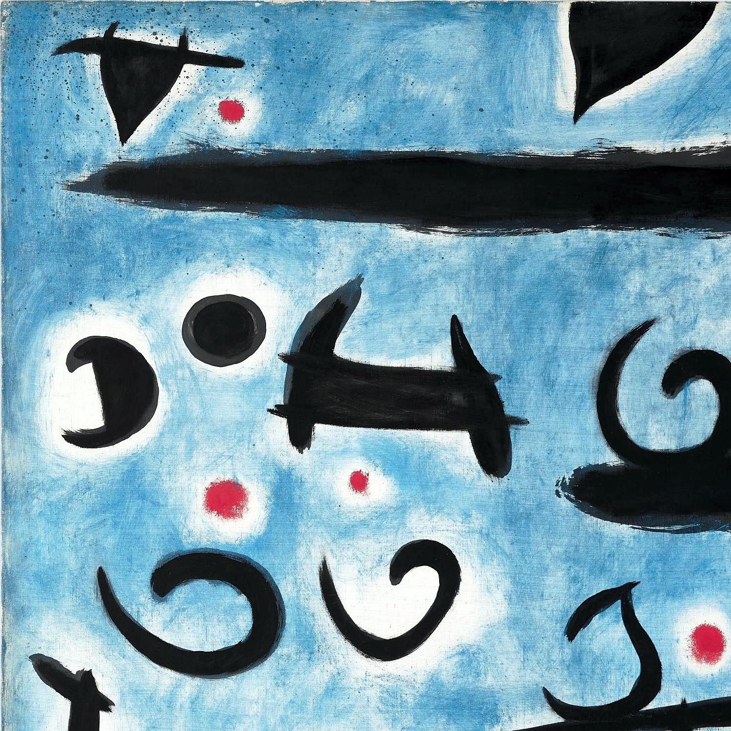 Abstract artwork with black shapes on a blue background