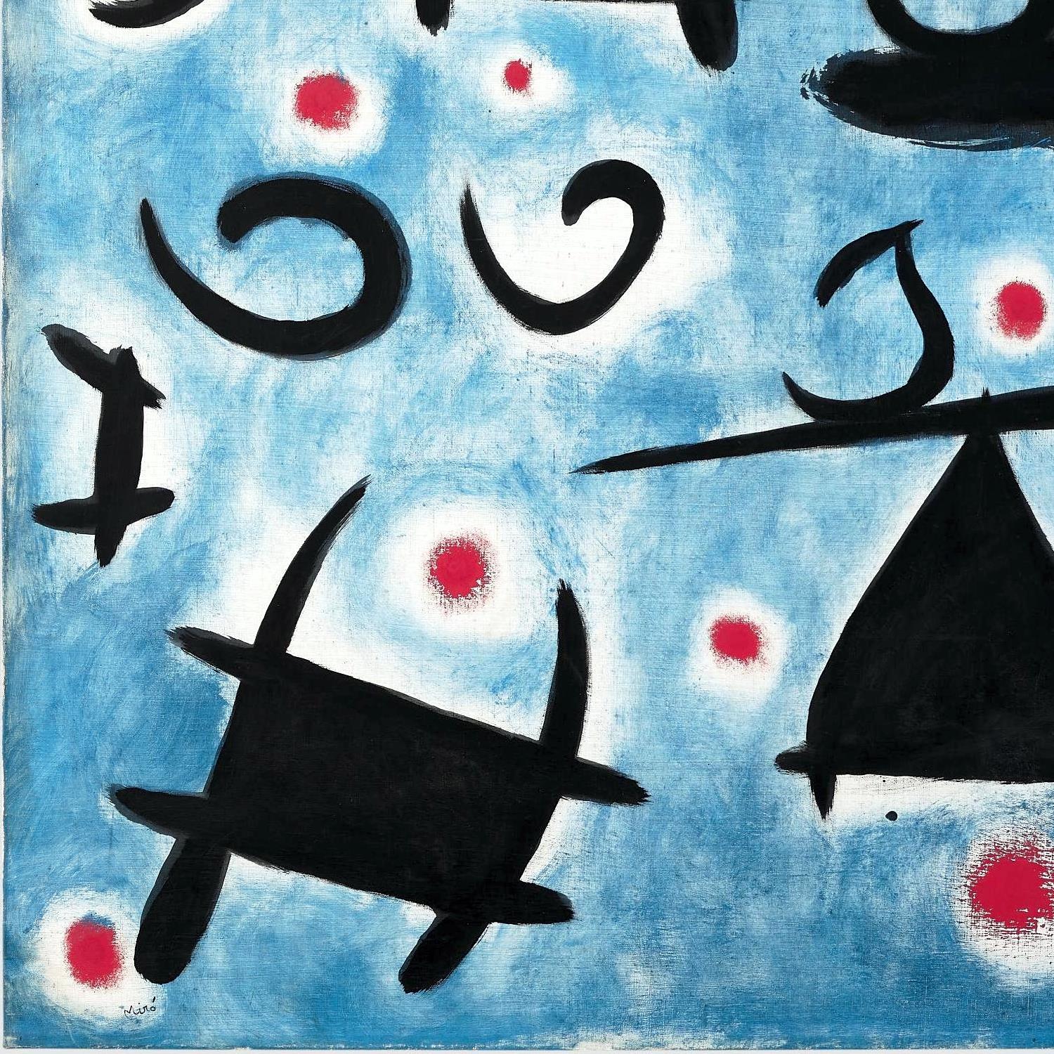 Abstract artwork with black shapes and red circles on a blue background