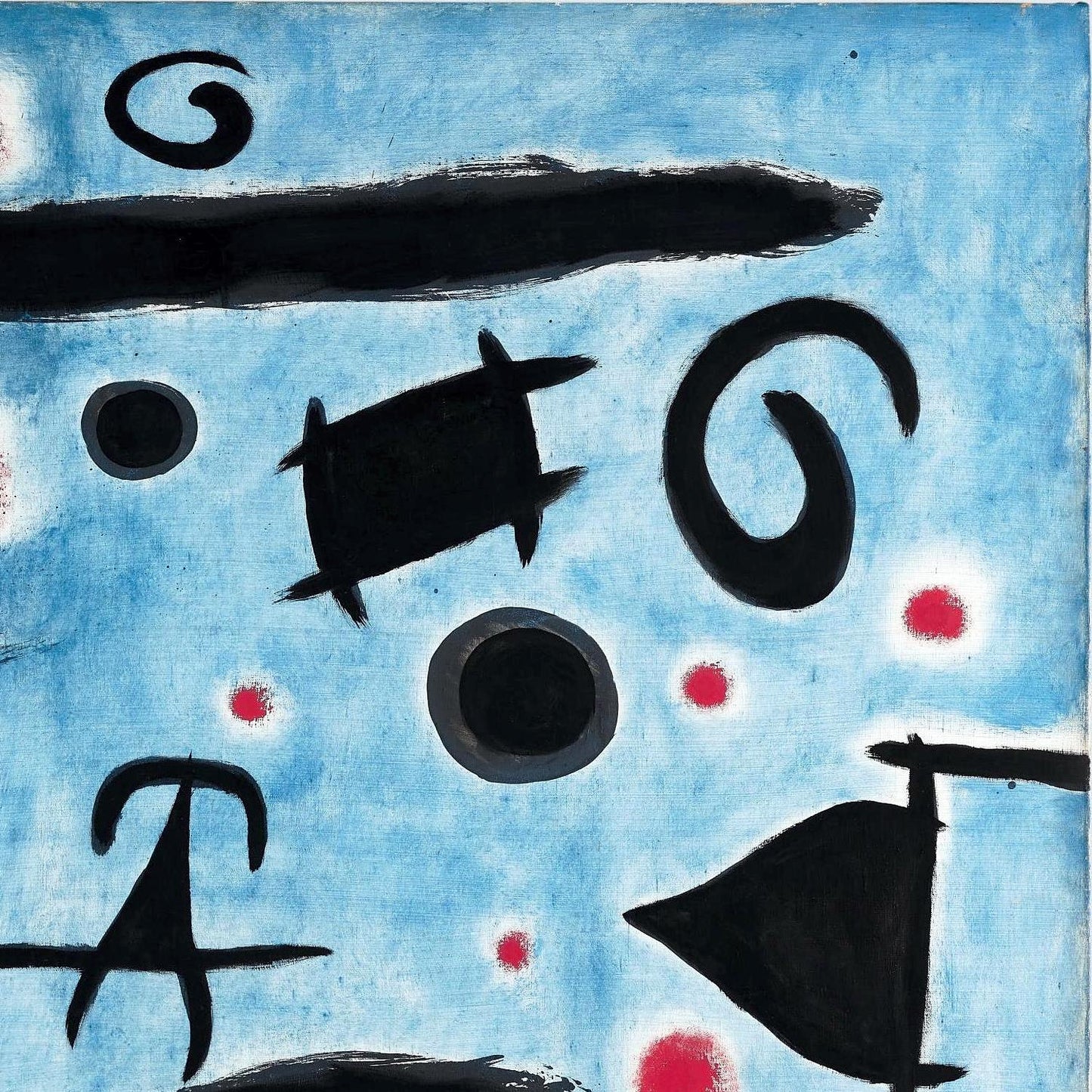 Abstract artwork with black shapes and red dots on a blue background