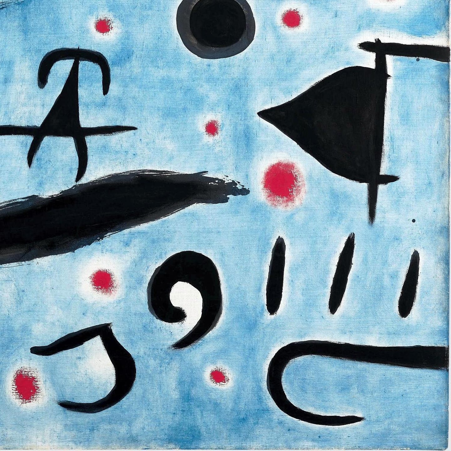 Abstract artwork with black shapes and red dots on a blue background