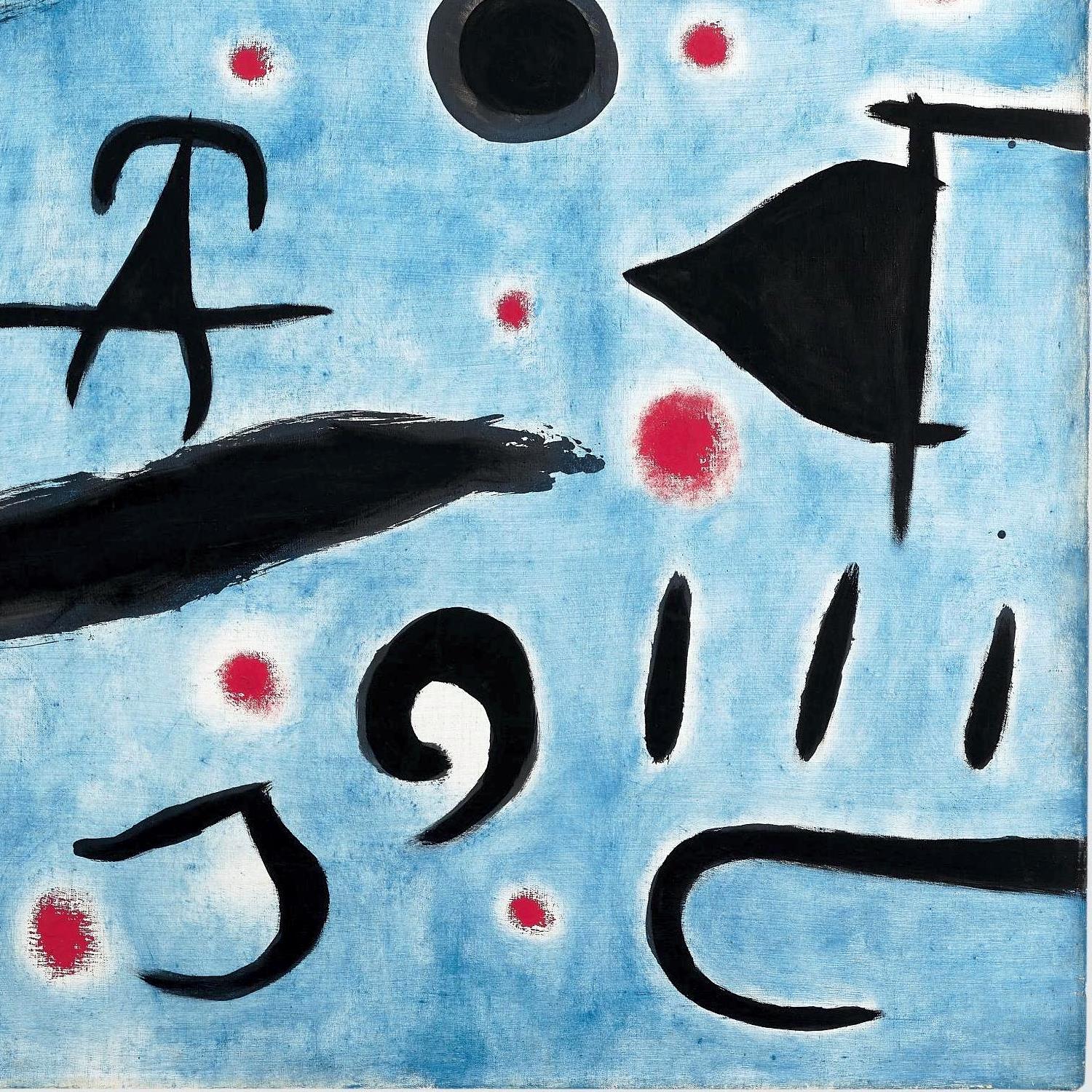 Abstract artwork with black shapes and red dots on a blue background