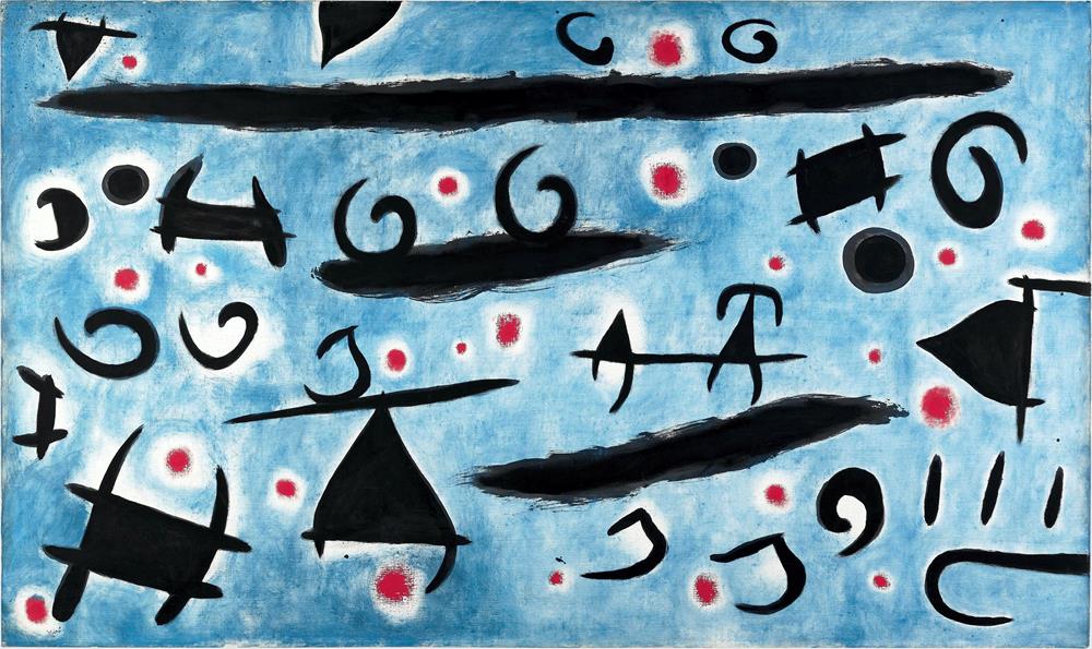 Abstract artwork with black shapes and red dots on a blue background