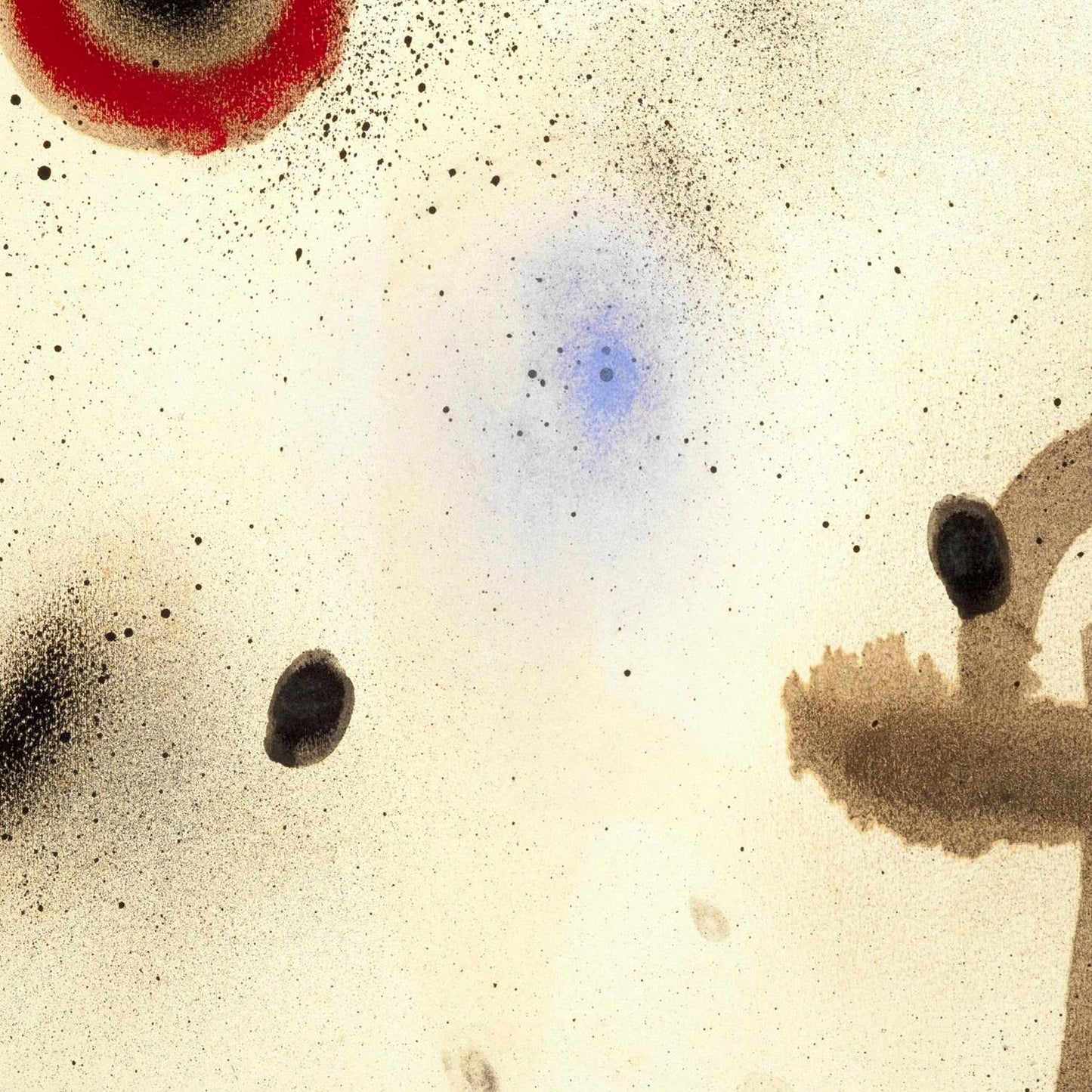 Abstract art with splashes of red, blue, and black on a beige background