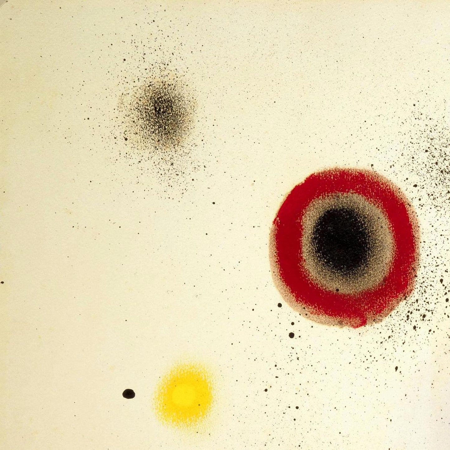 Abstract art with red, yellow, and black circles on a beige background