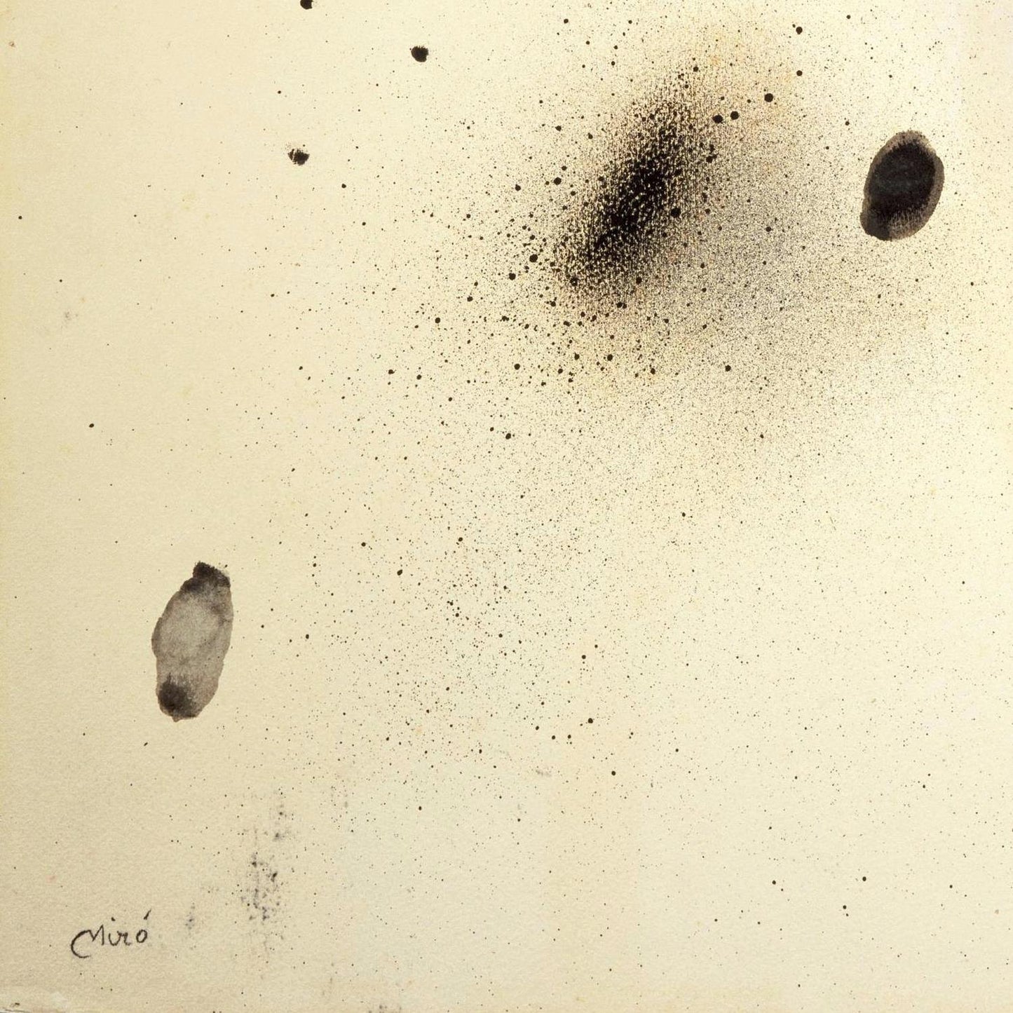 Abstract artwork with black splashes on a beige background, signed 'Miro'.