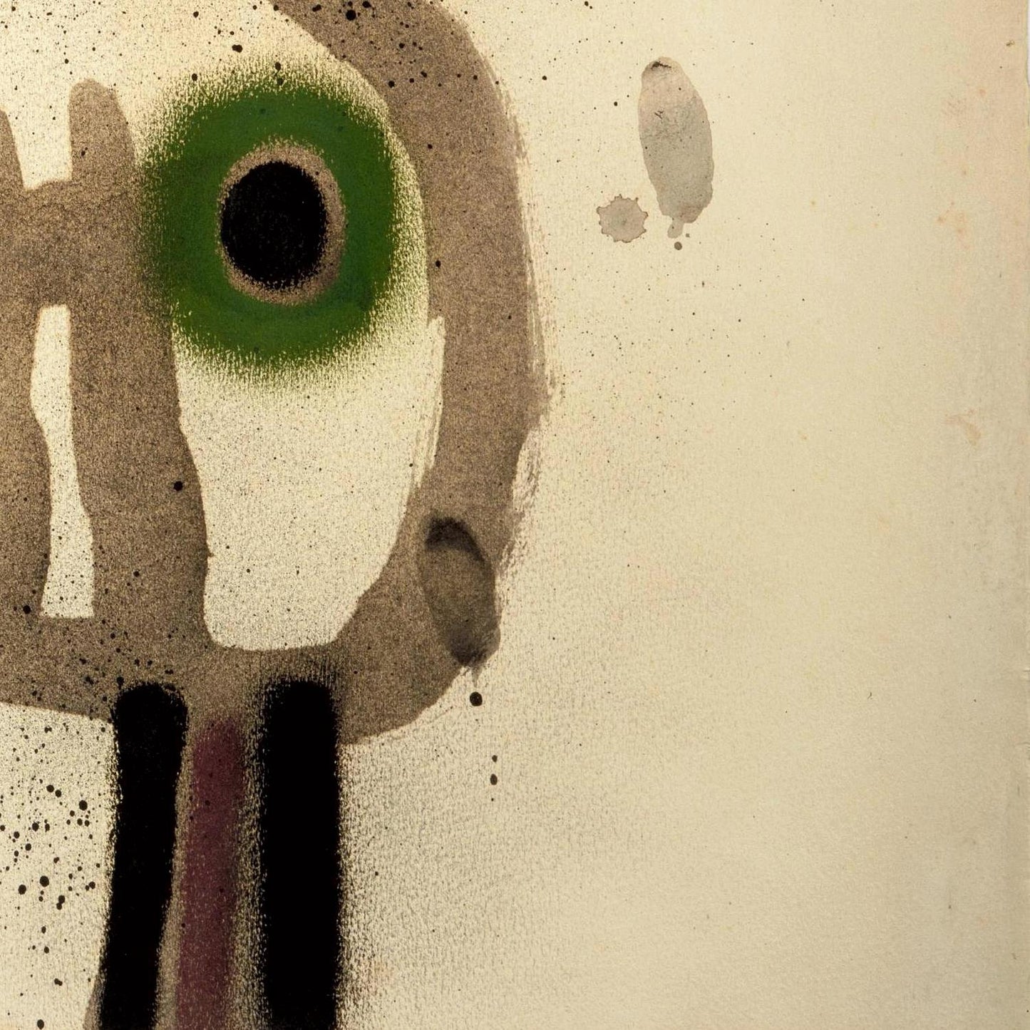 Abstract artwork with a large eye-like shape on a beige background