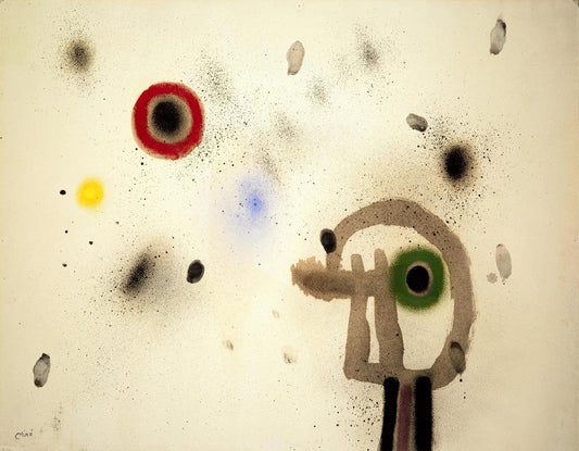 Abstract artwork with colorful dots and shapes on a beige background