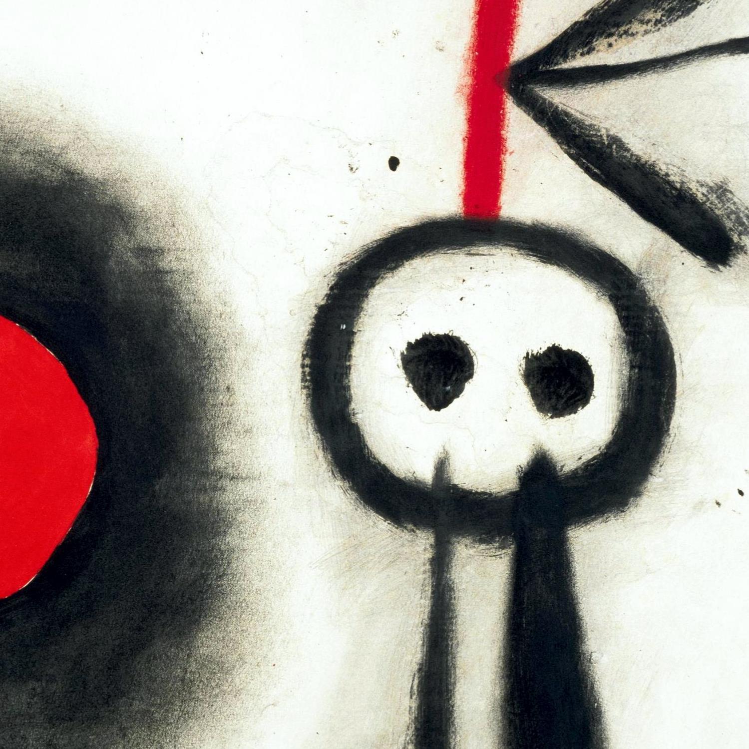 Abstract artwork with black, white, and red elements on a textured background