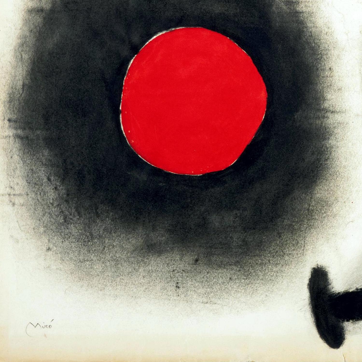 Abstract art piece with a red circle in the center surrounded by black and gray brush strokes.