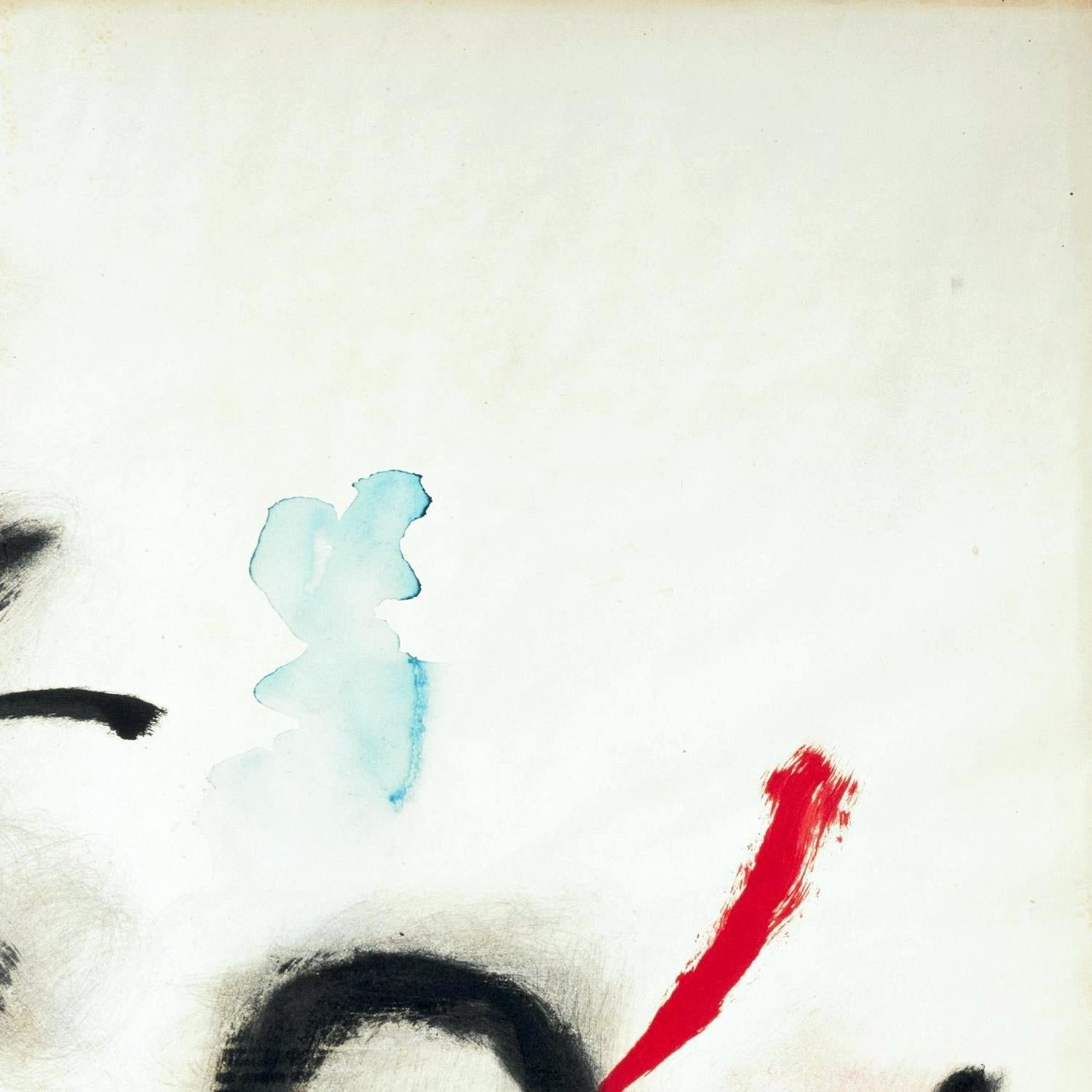 Abstract art with black, blue, and red brush strokes on a white background