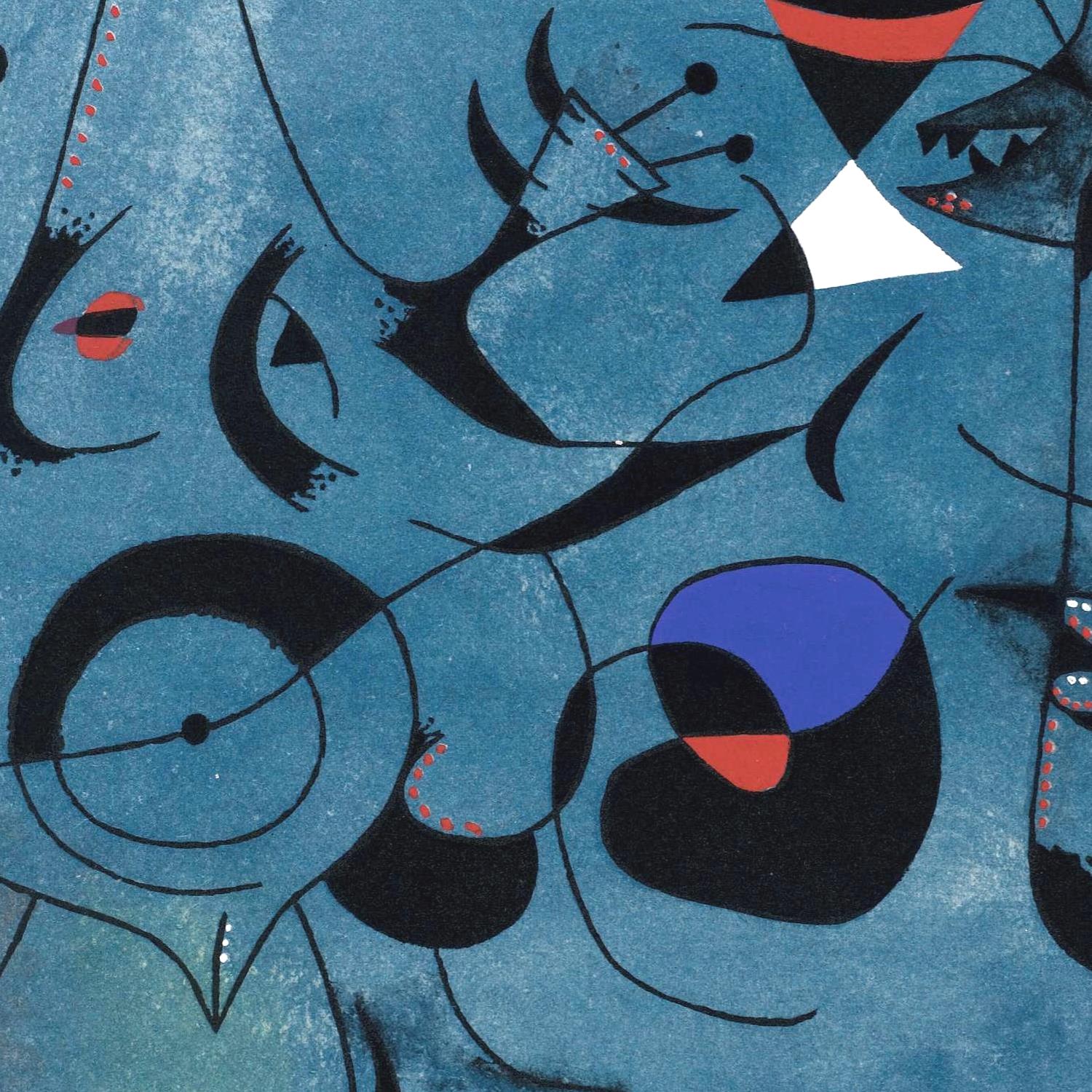 Abstract art with black and blue shapes on a textured blue background